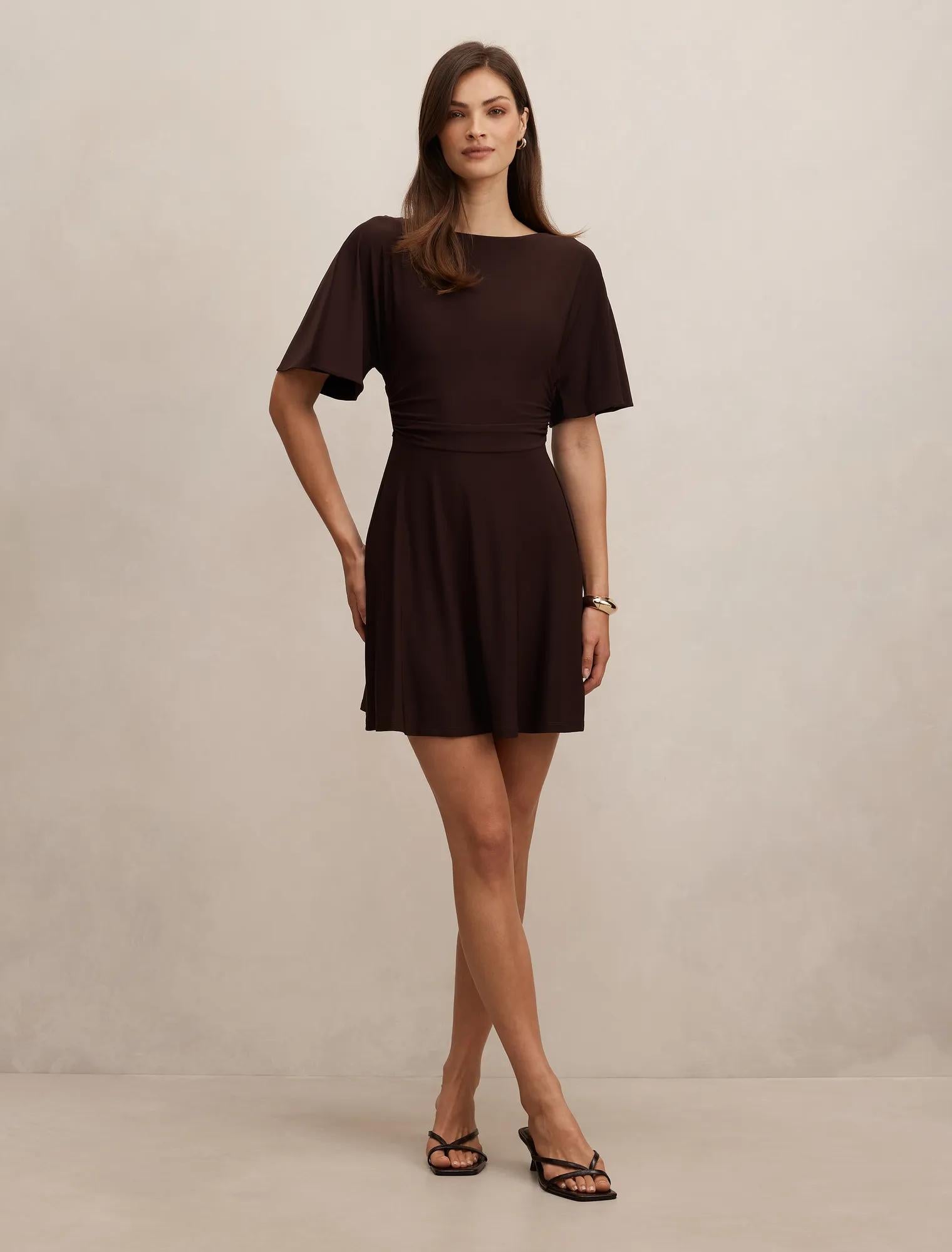 Cora Flutter Sleeve Tie Mini Dress Dark Chocolate
