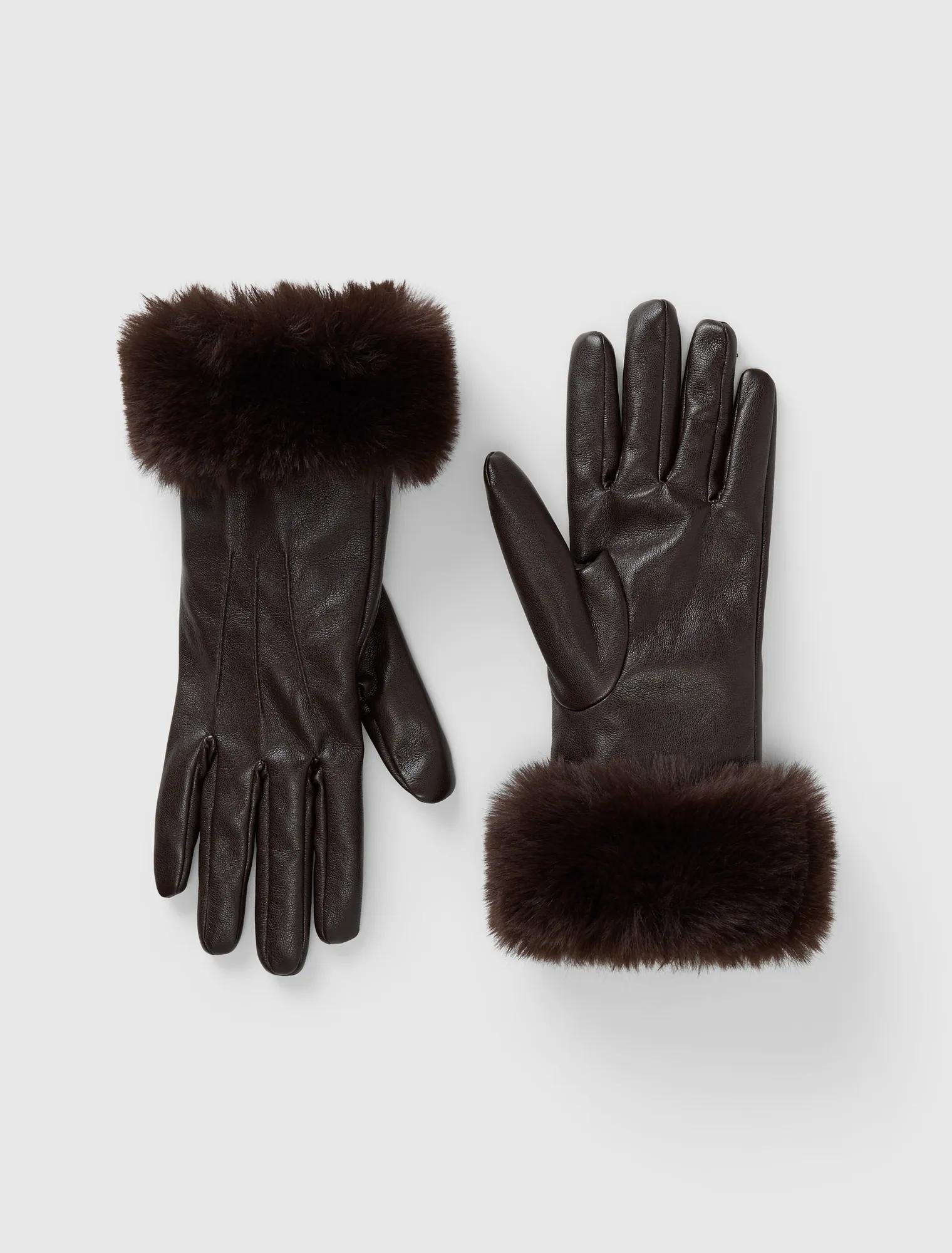 Sylvia Faux Fur Trim PU Gloves Chocolate