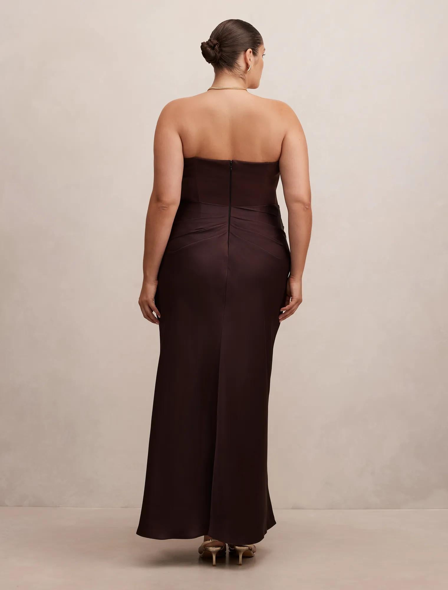 Isra Curve Drape Strapless Maxi Dress Dark Chocolate