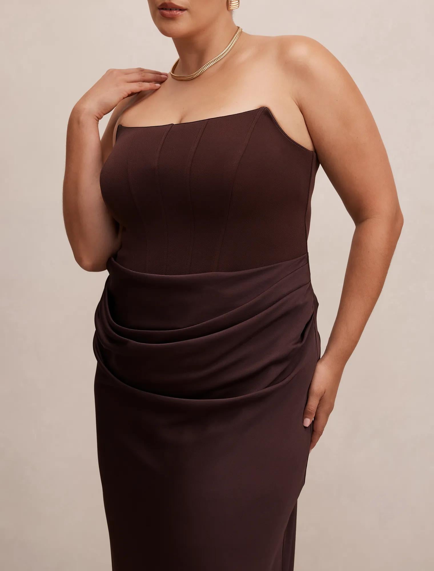 Isra Curve Drape Strapless Maxi Dress Dark Chocolate