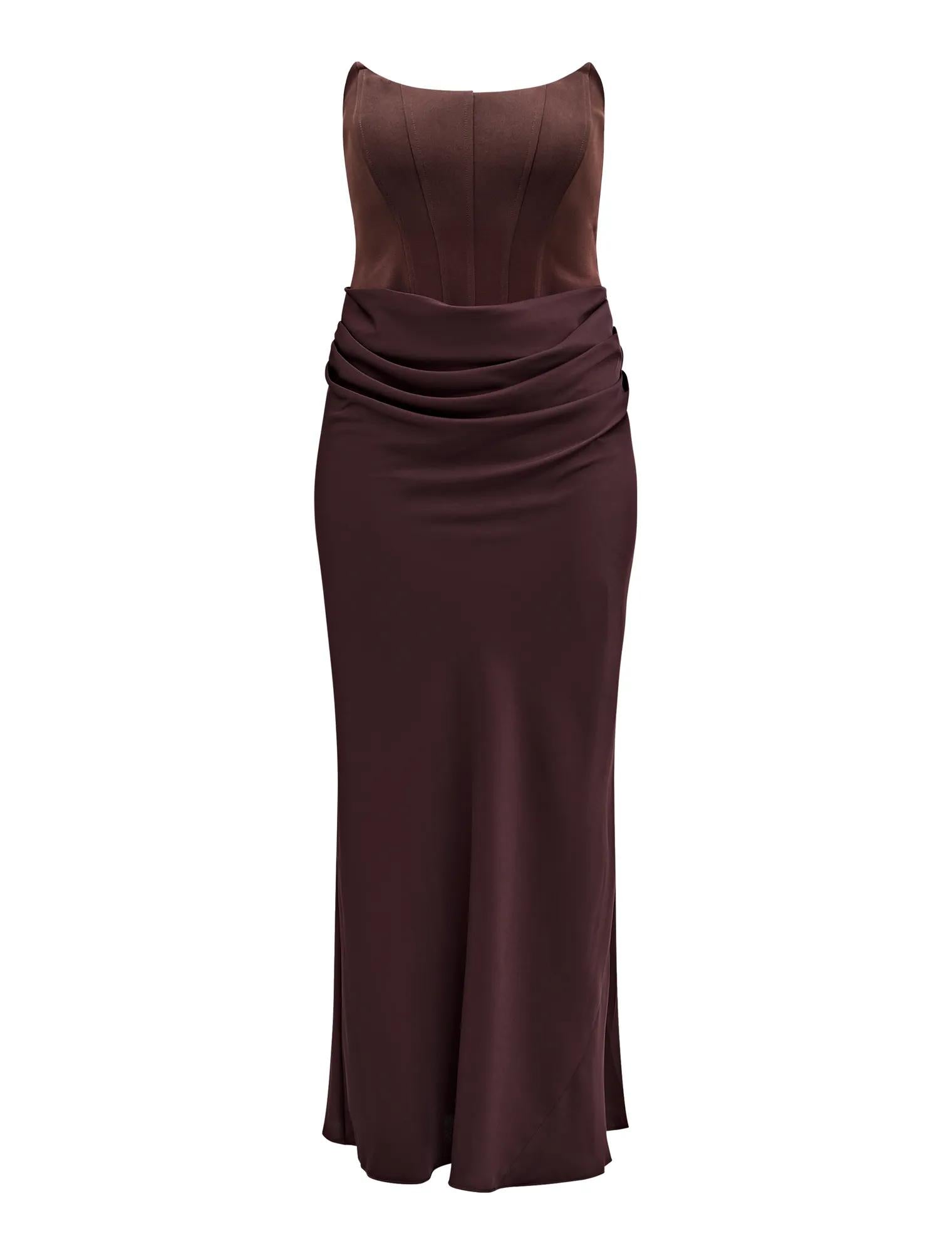 Isra Curve Drape Strapless Maxi Dress Dark Chocolate_mannequin