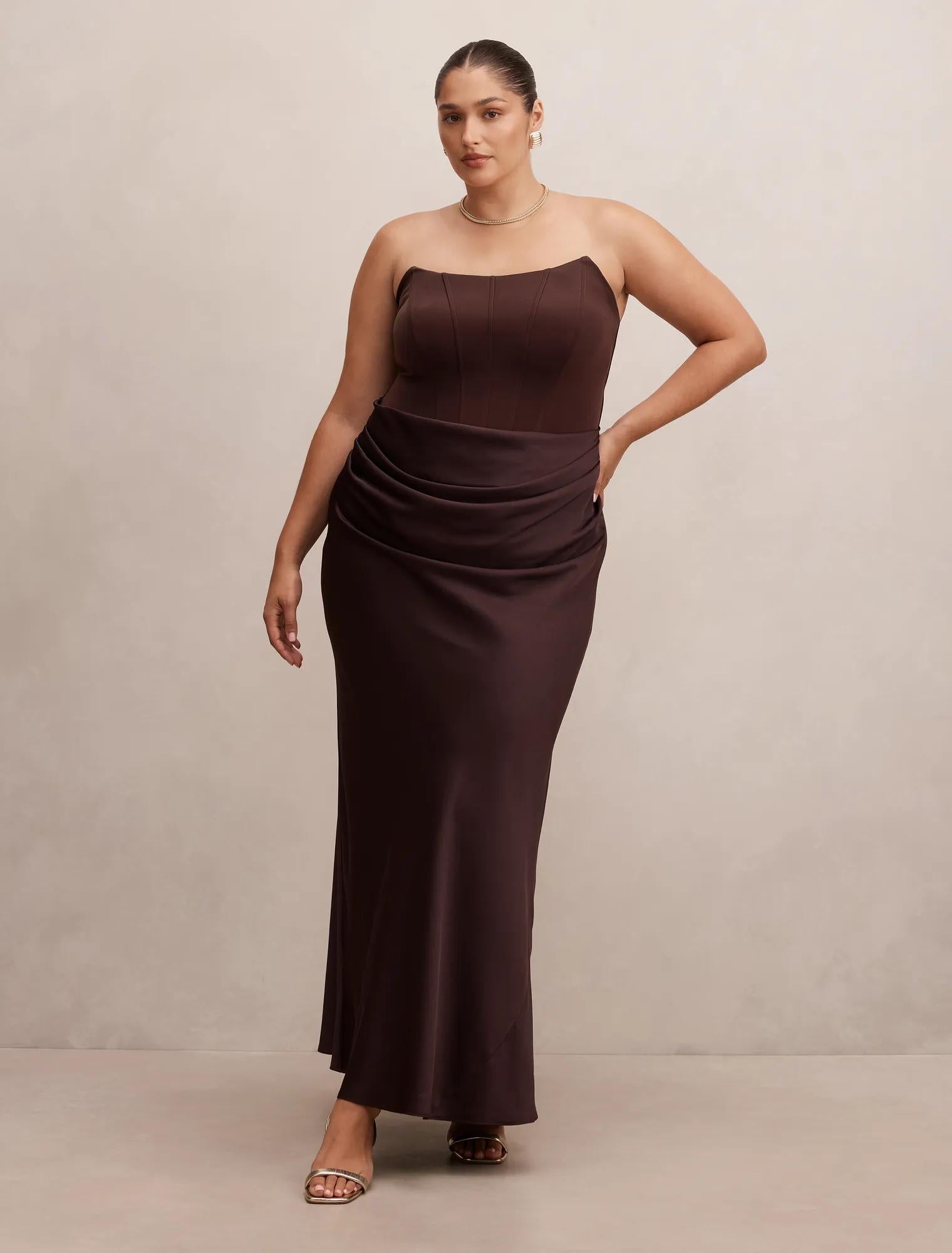 Isra Curve Drape Strapless Maxi Dress Dark Chocolate