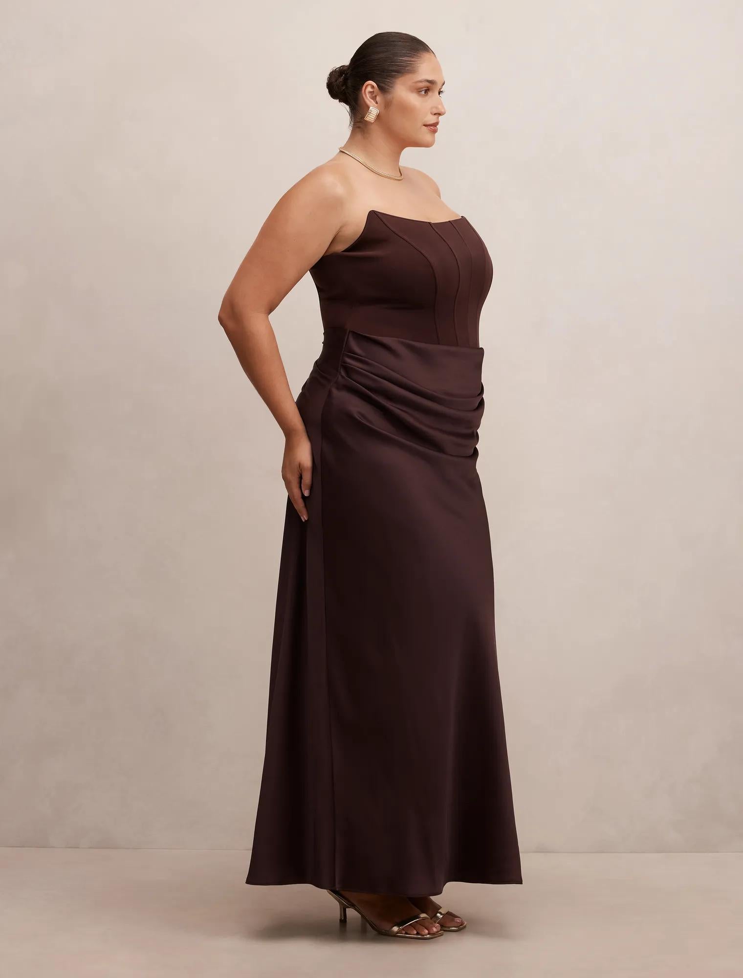 Isra Curve Drape Strapless Maxi Dress Dark Chocolate