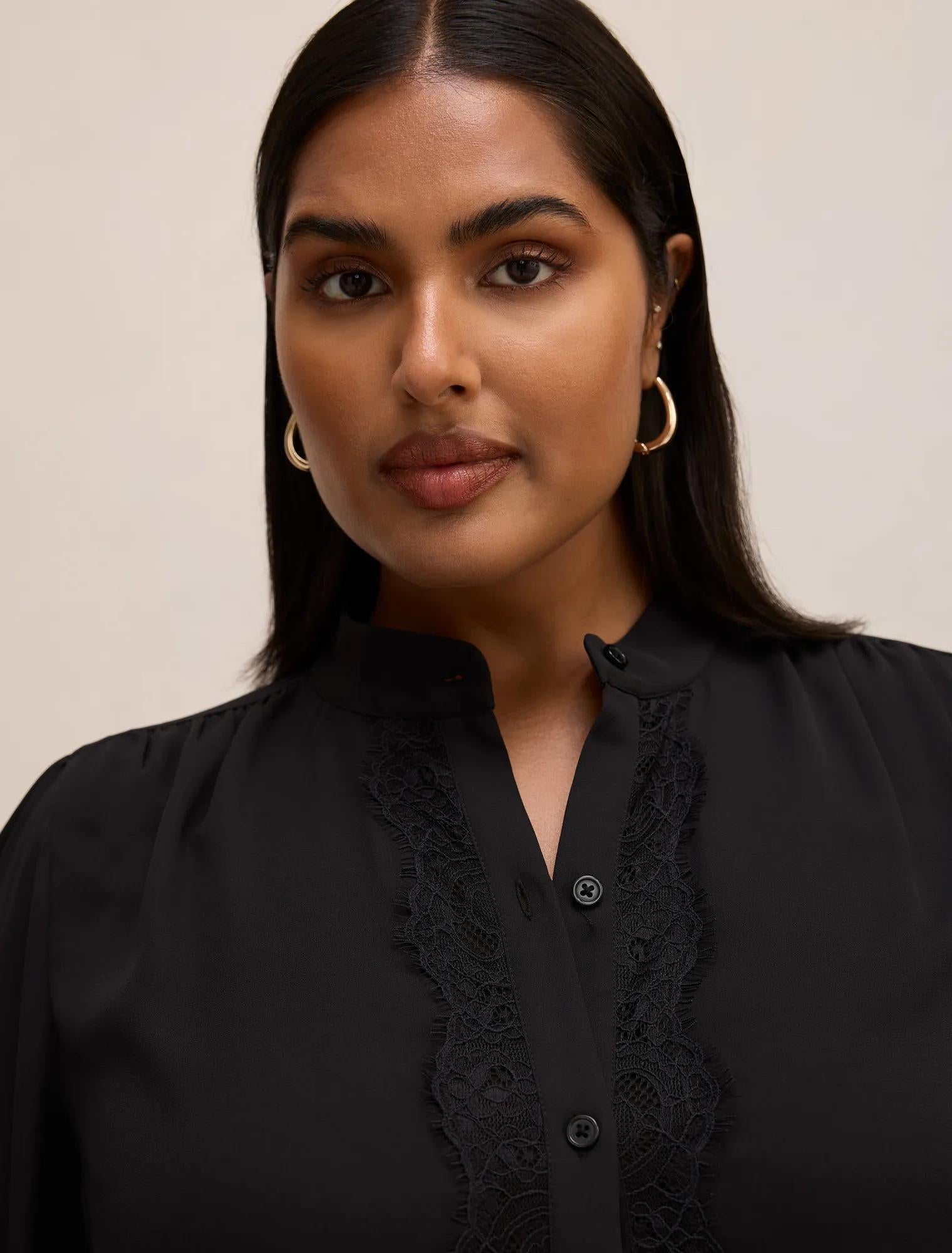 Poppy Curve Lace Trim Blouse Black