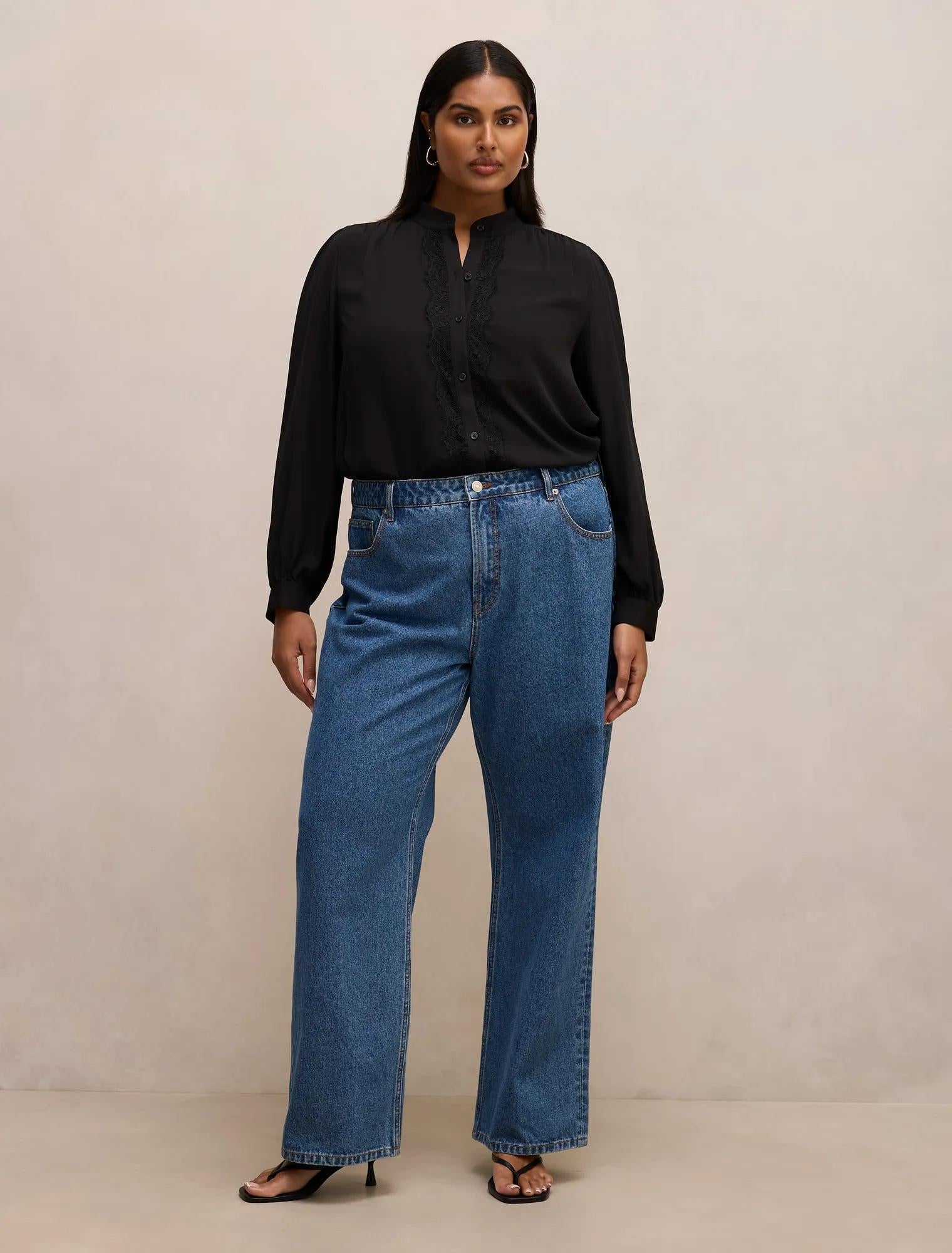 Poppy Curve Lace Trim Blouse Black