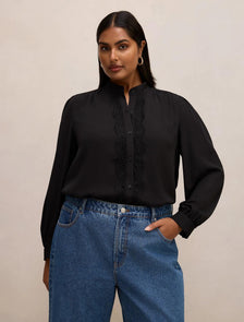 Poppy Curve Lace Trim Blouse Black