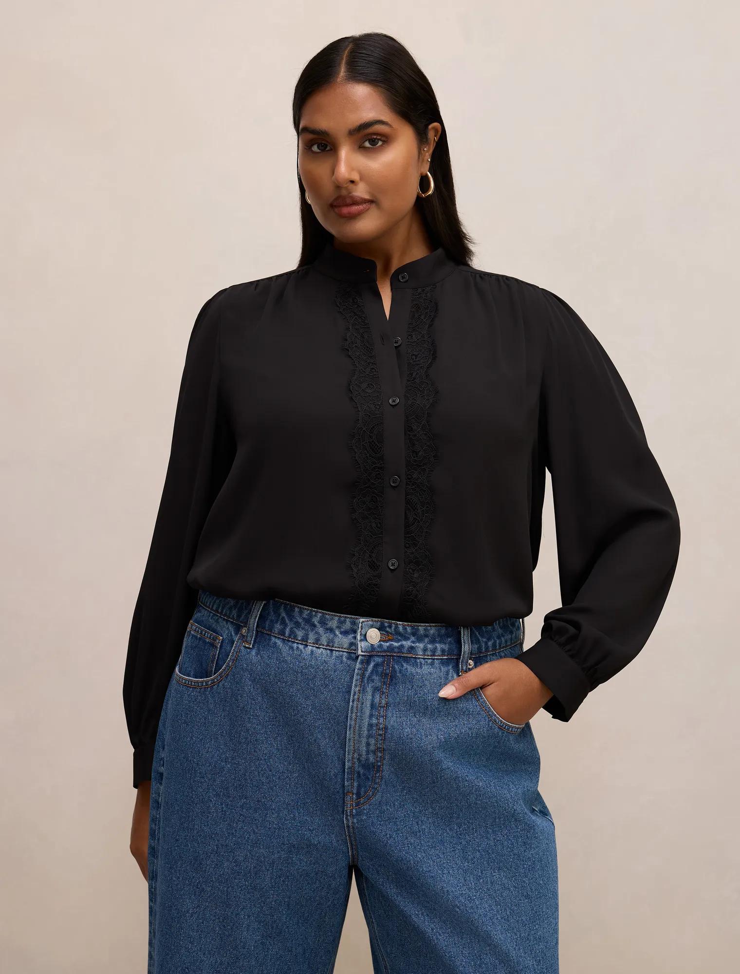 Poppy Curve Lace Trim Blouse Black