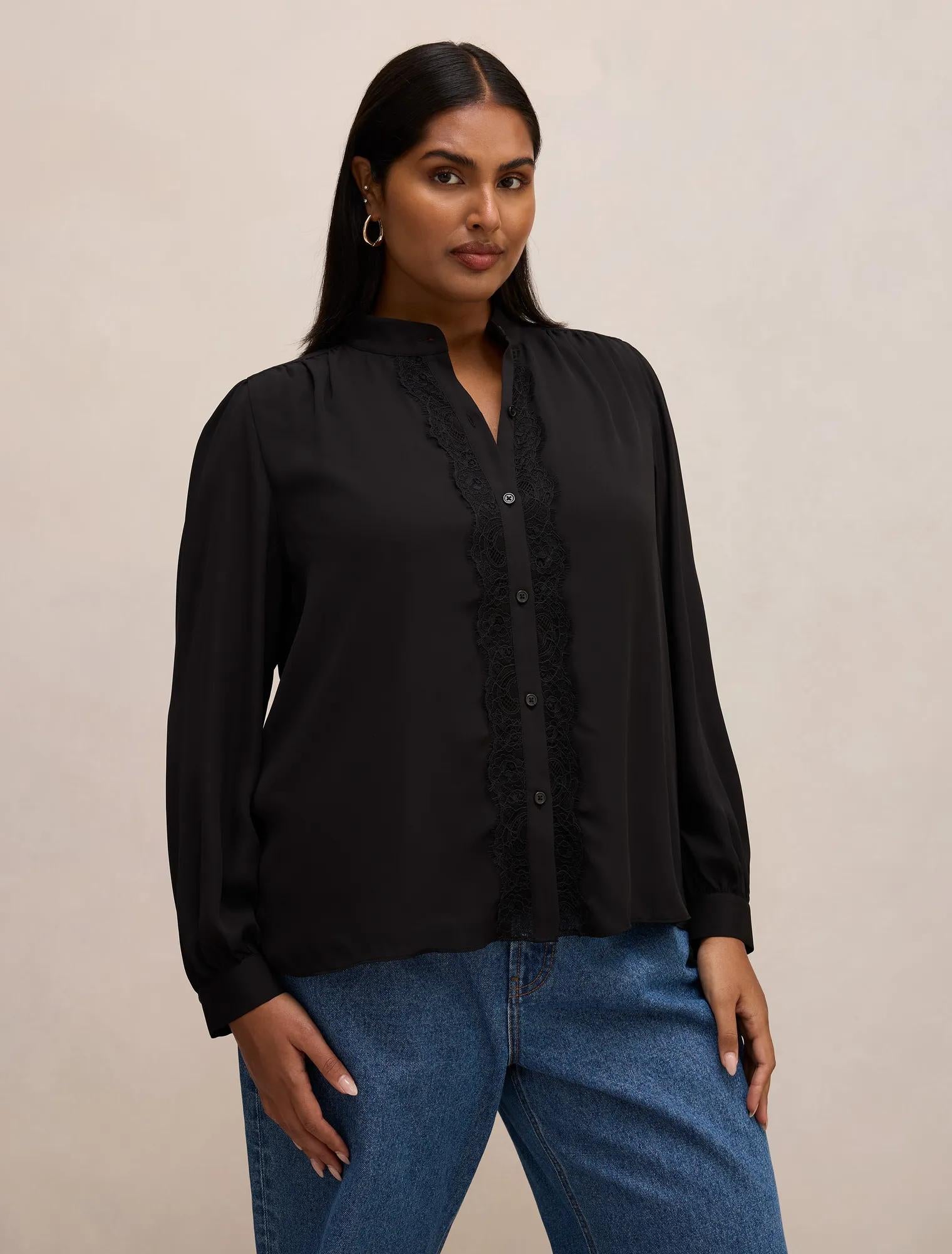 Poppy Curve Lace Trim Blouse Black