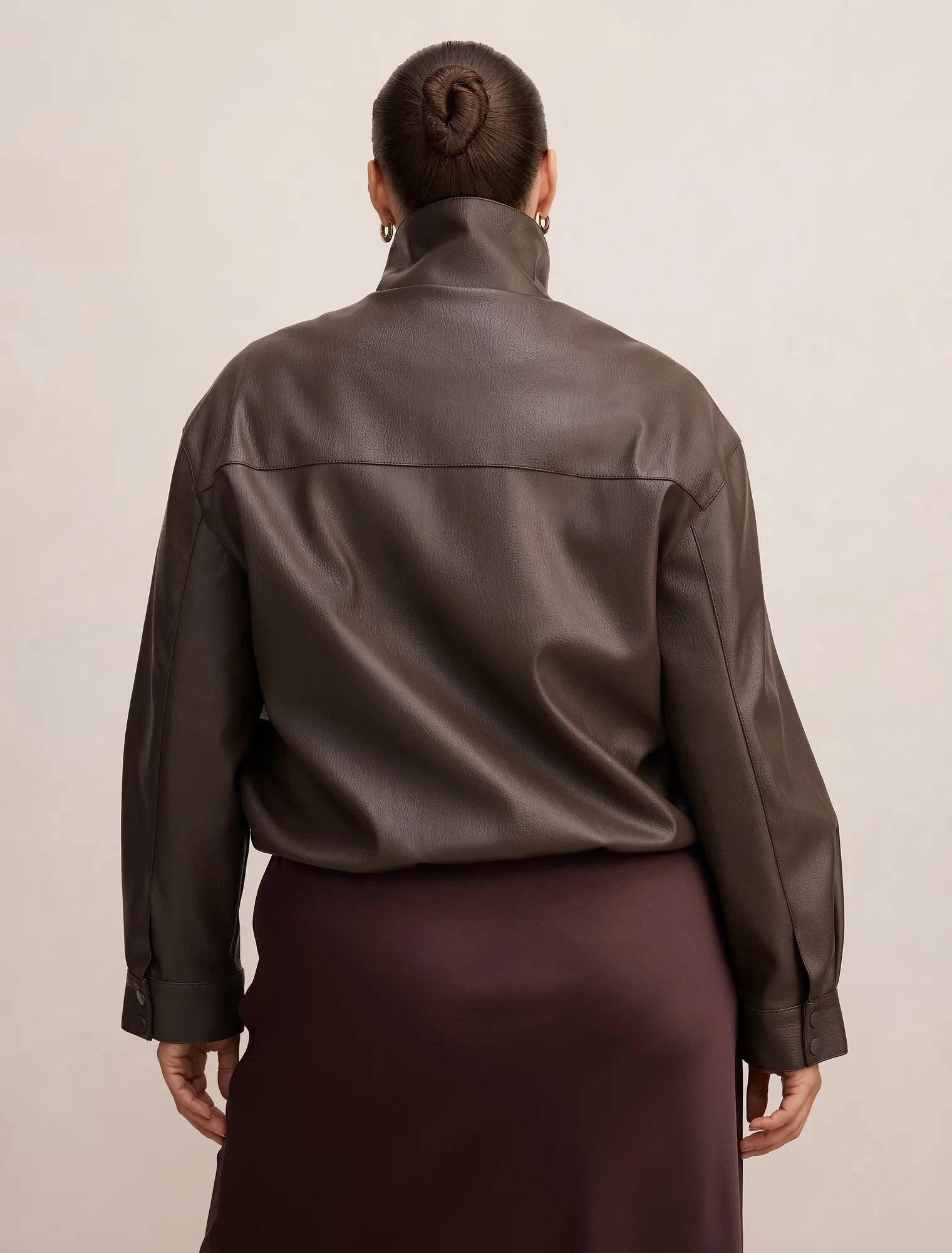 Angela Curve Oversized Faux Leather Bomber Jacket Chocolate