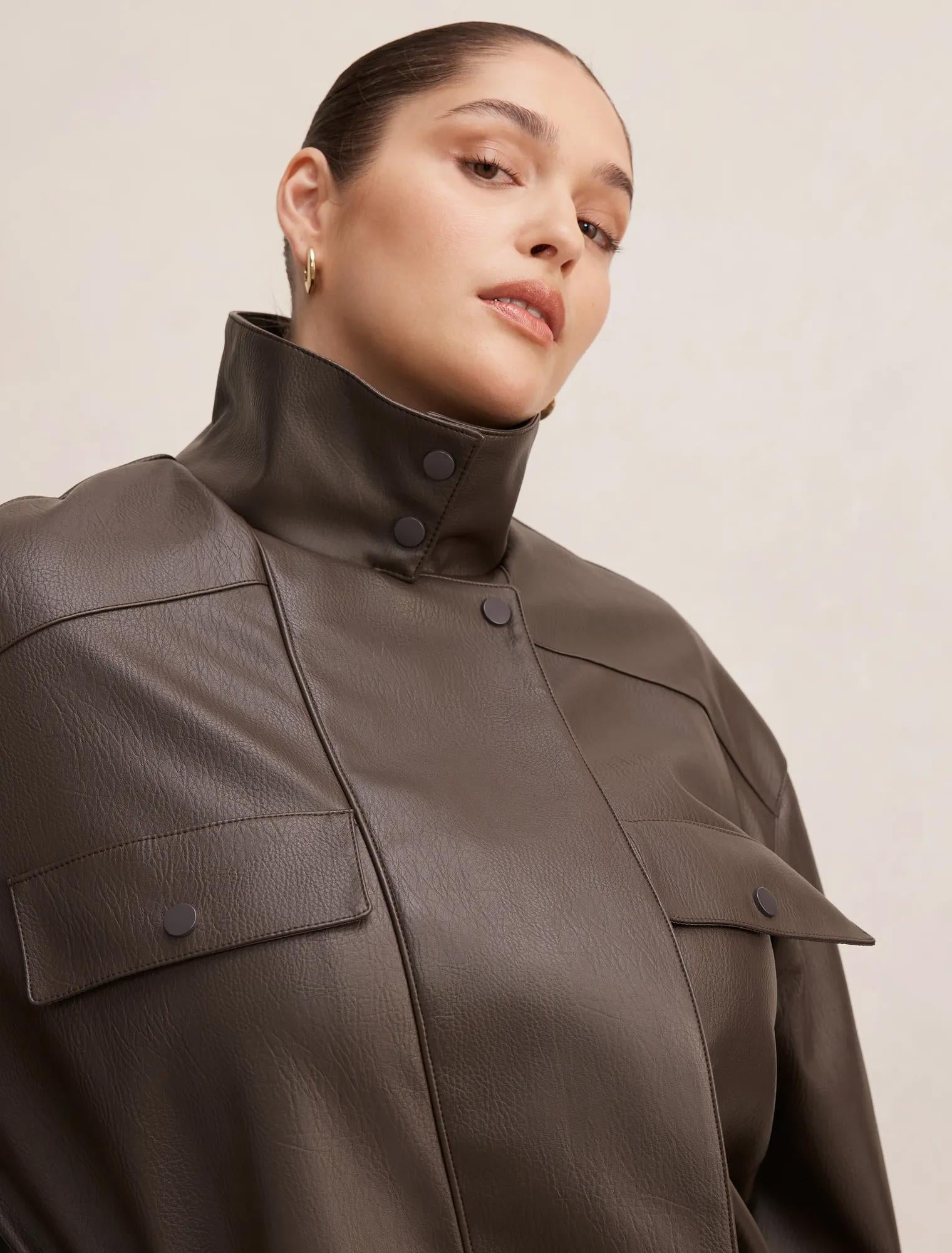 Angela Curve Oversized Faux Leather Bomber Jacket Chocolate