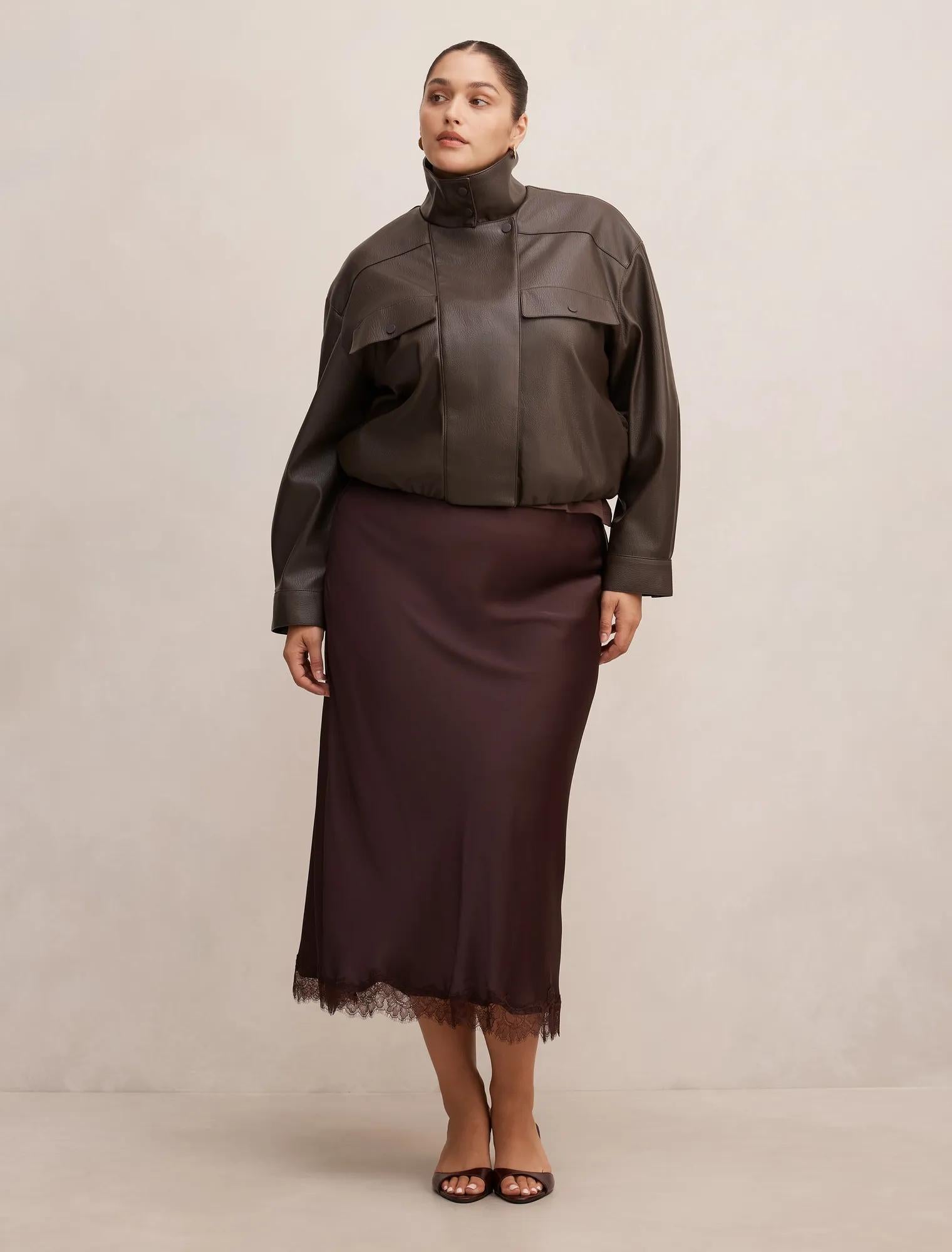 Angela Curve Oversized Faux Leather Bomber Jacket Chocolate