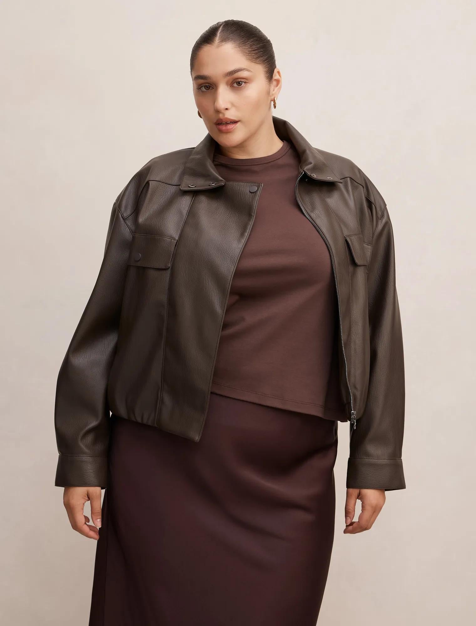 Angela Curve Oversized Faux Leather Bomber Jacket Chocolate