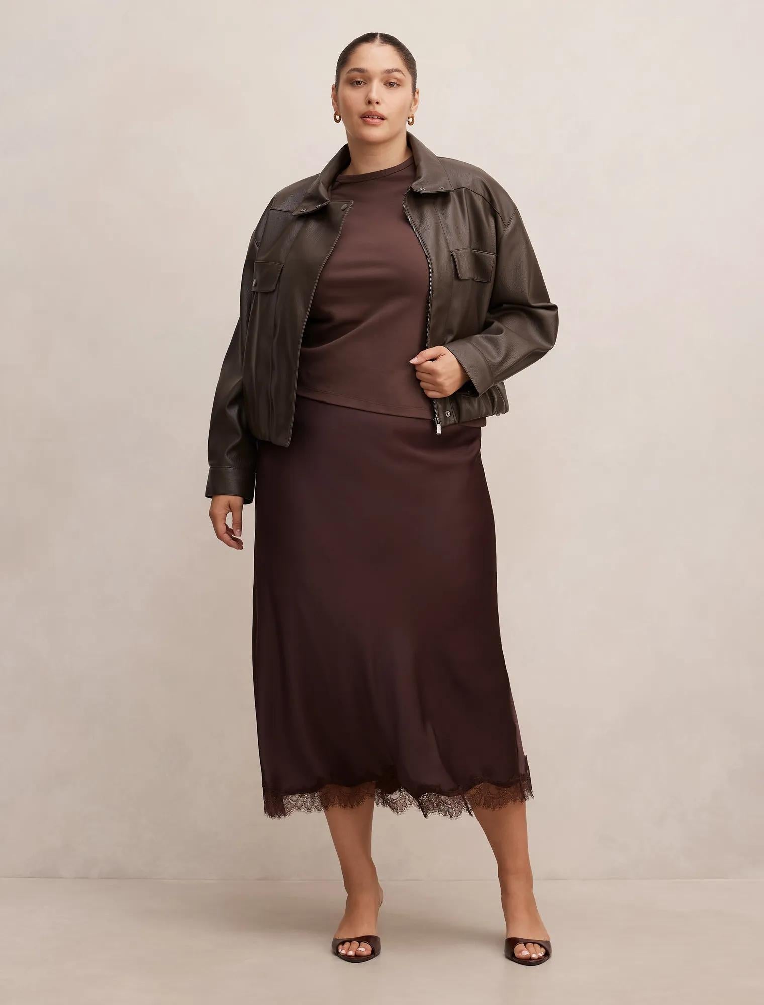 Angela Curve Oversized Faux Leather Bomber Jacket Chocolate