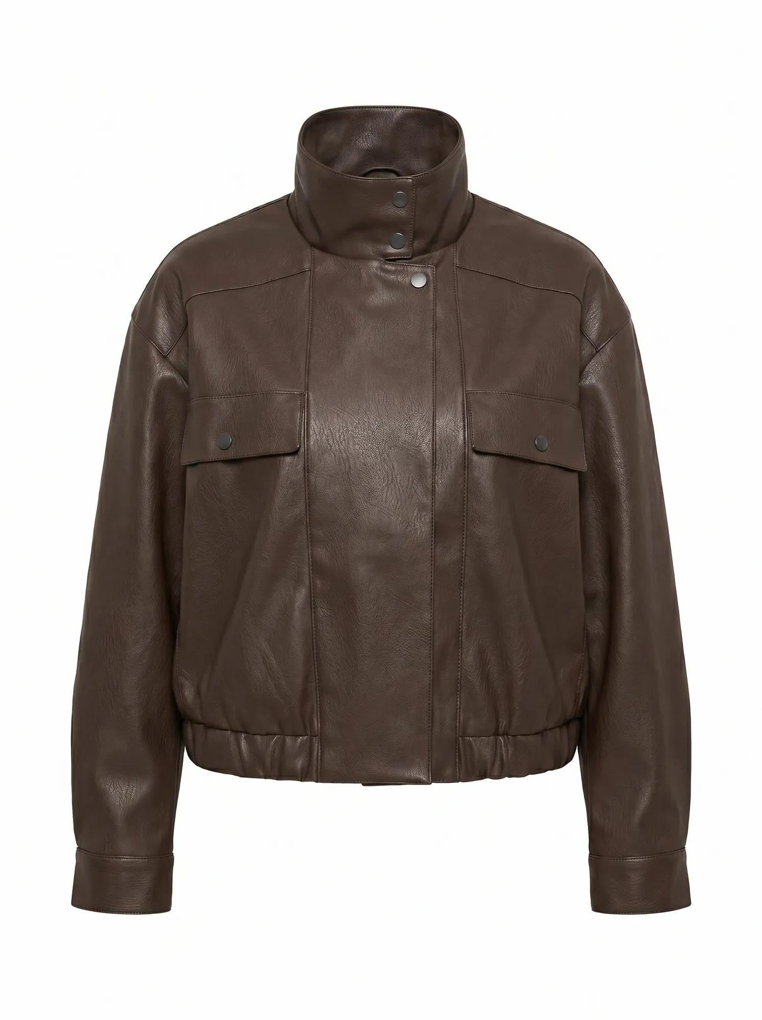 Angela Curve Oversized Faux Leather Bomber Jacket Chocolate