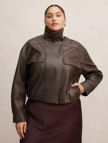 Angela Curve Oversized Faux Leather Bomber Jacket Chocolate