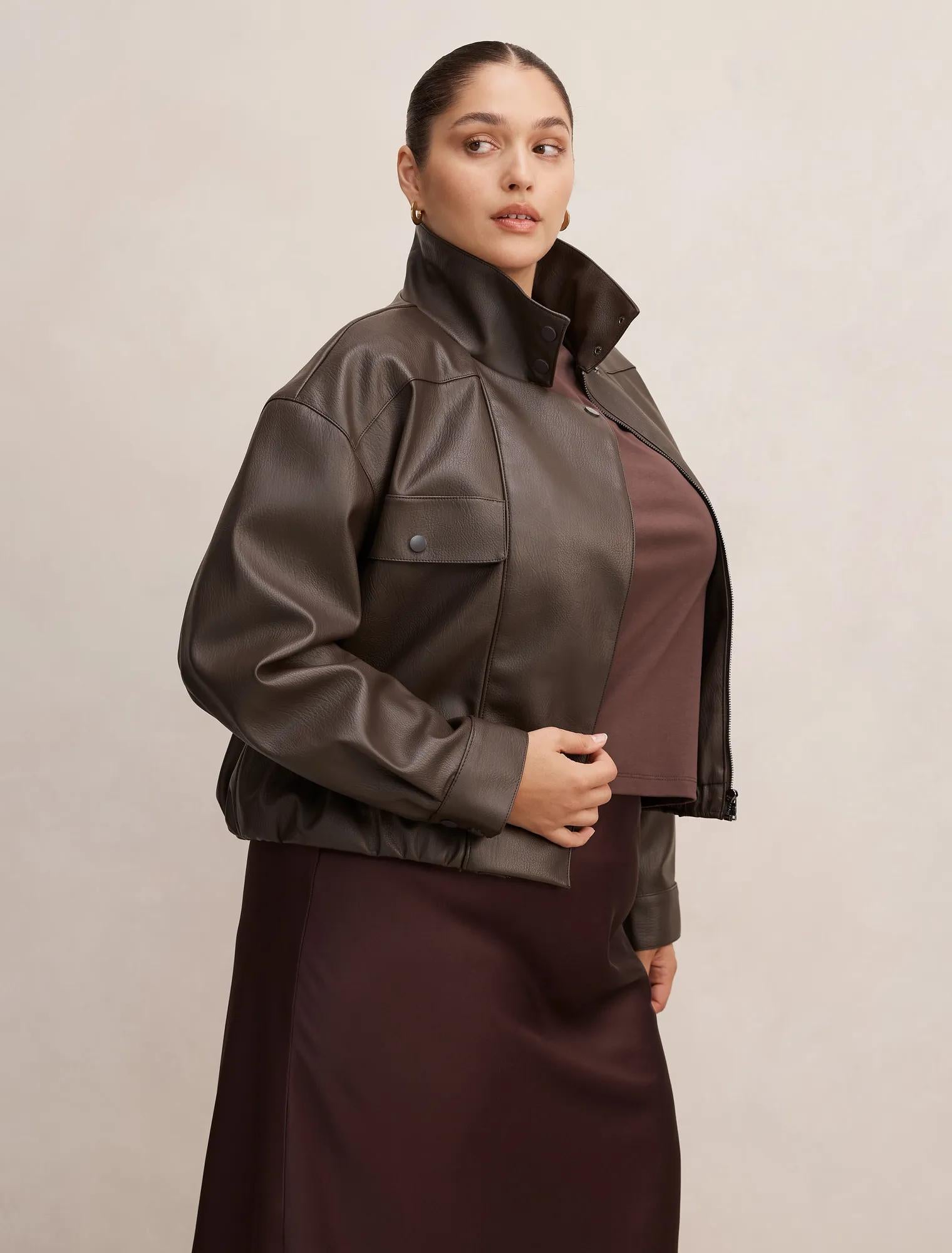 Angela Curve Oversized Faux Leather Bomber Jacket Chocolate