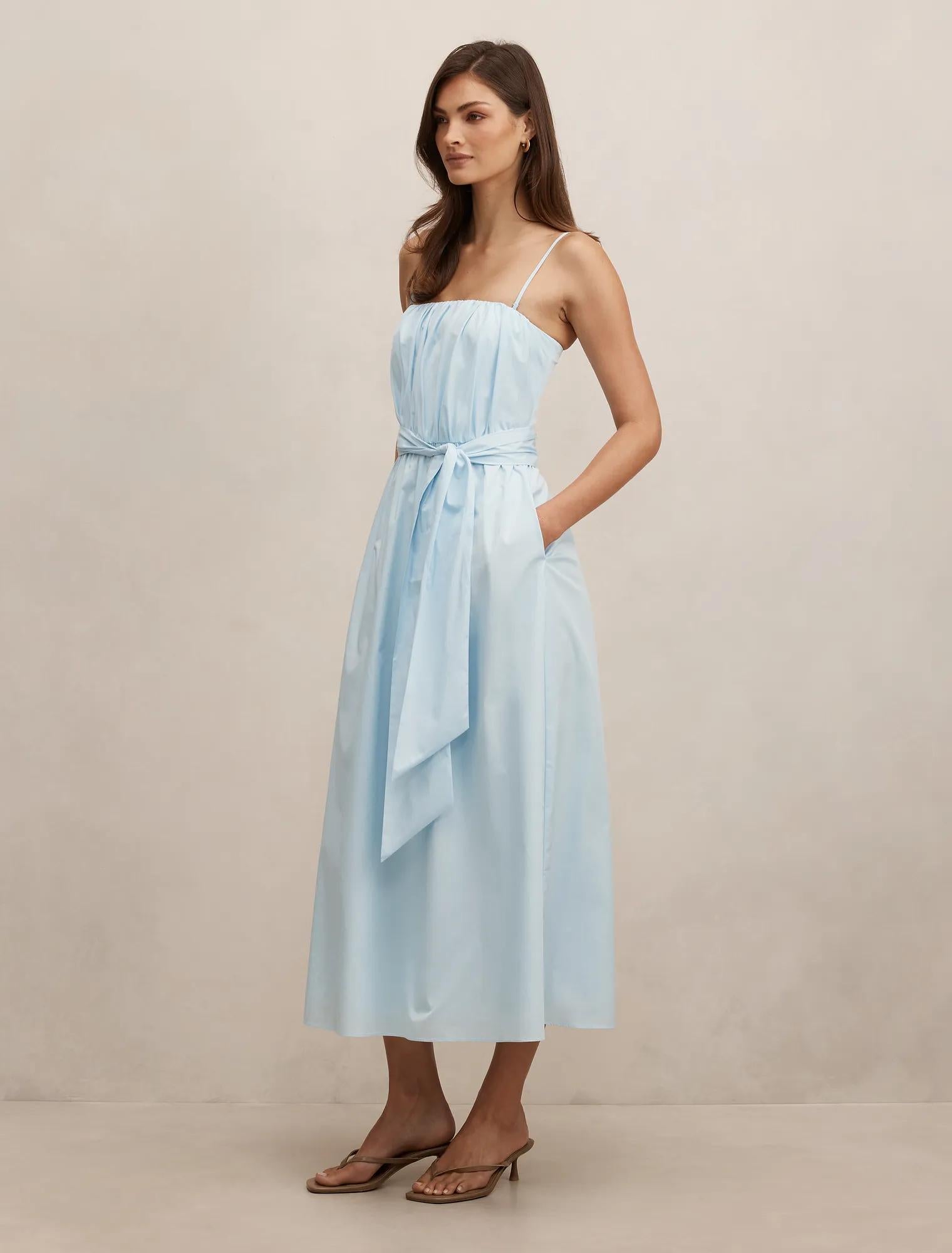 Melissa Gathered Tie Midi Dress Soft Blue