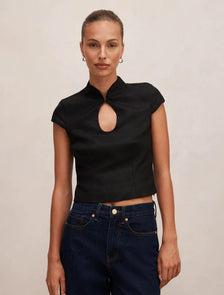 Ayla Keyhole Linen Top Black