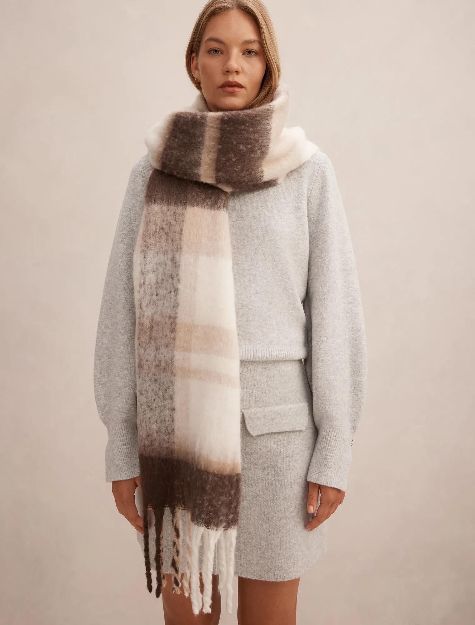 Camille Check Brushed Scarf Mocha_mannequin