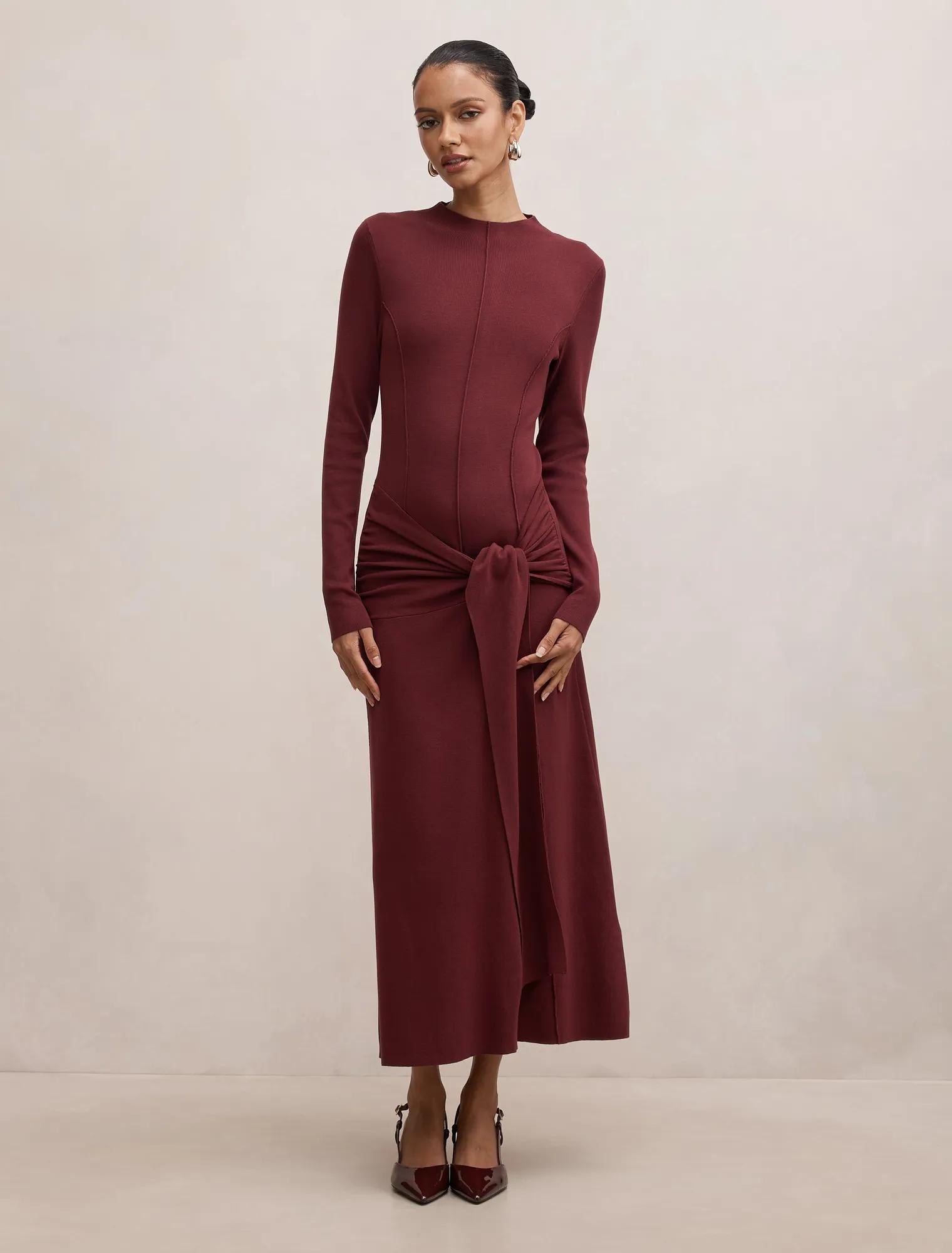 Irina Petite Long Sleeve Tie Knit Dress Tawny Port