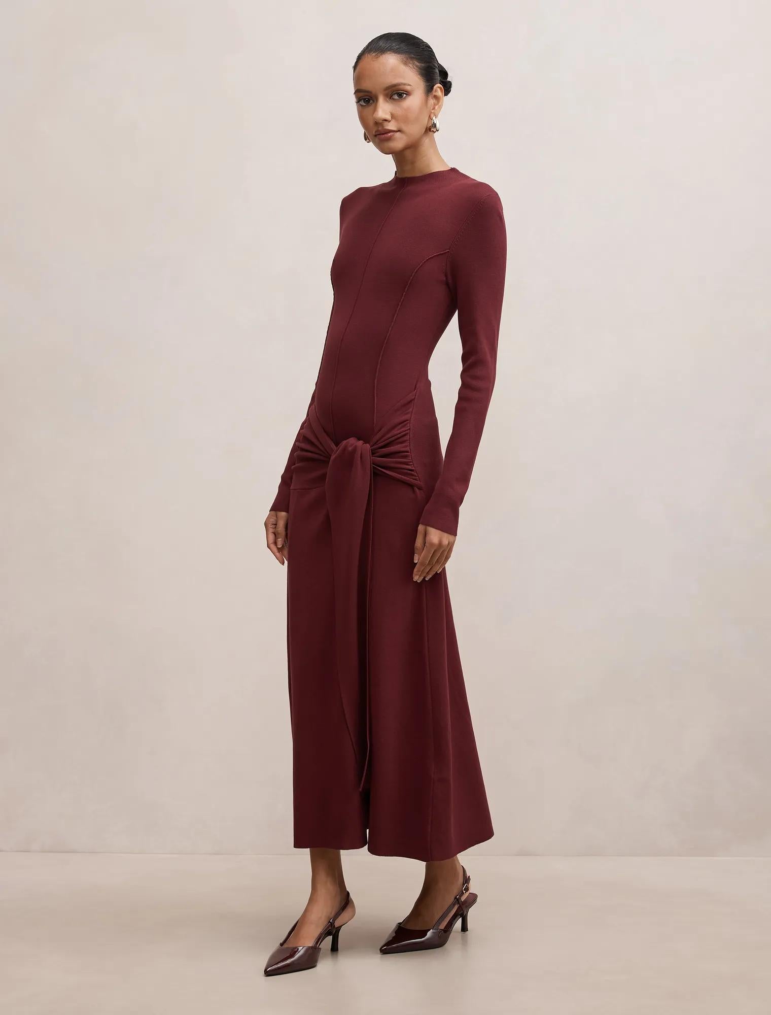 Irina Petite Long Sleeve Tie Knit Dress Tawny Port