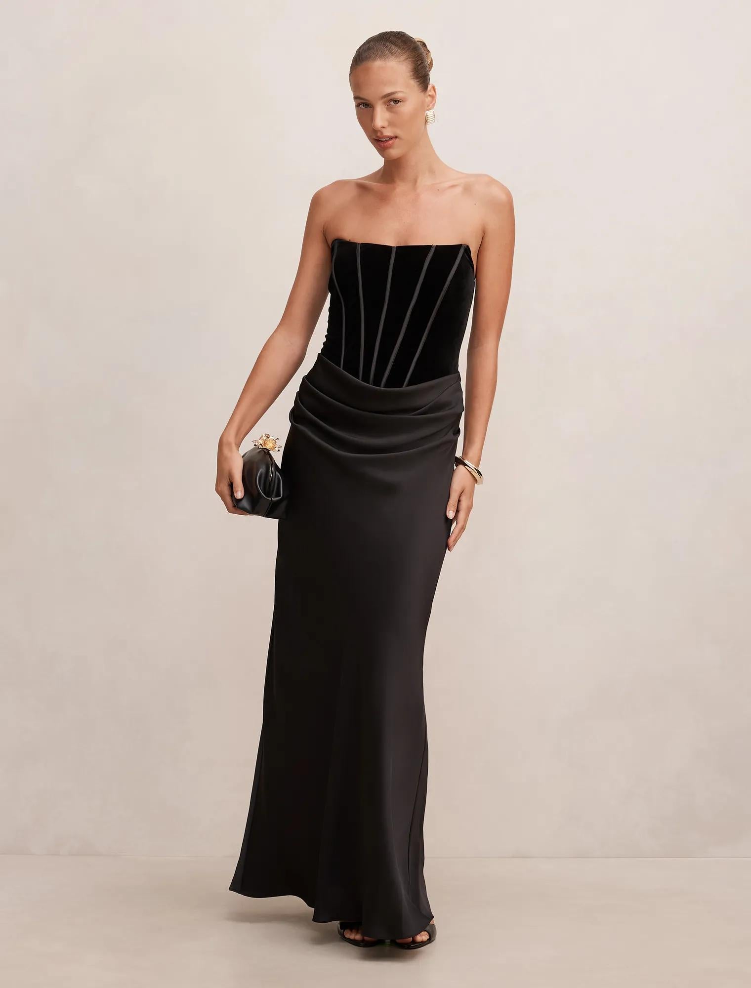 Isra Velvet Corset Maxi Dress Black