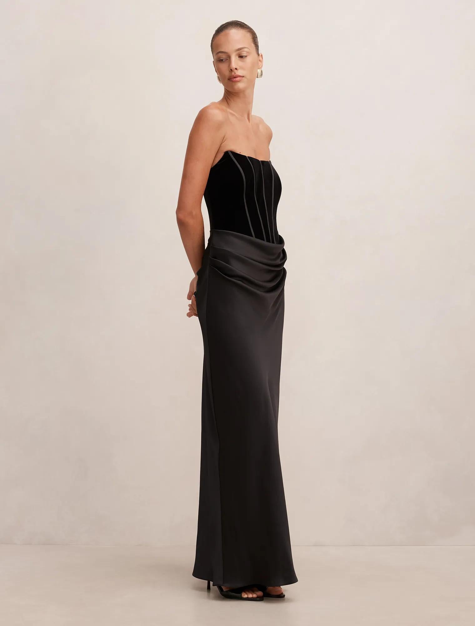 Isra Velvet Corset Maxi Dress Black