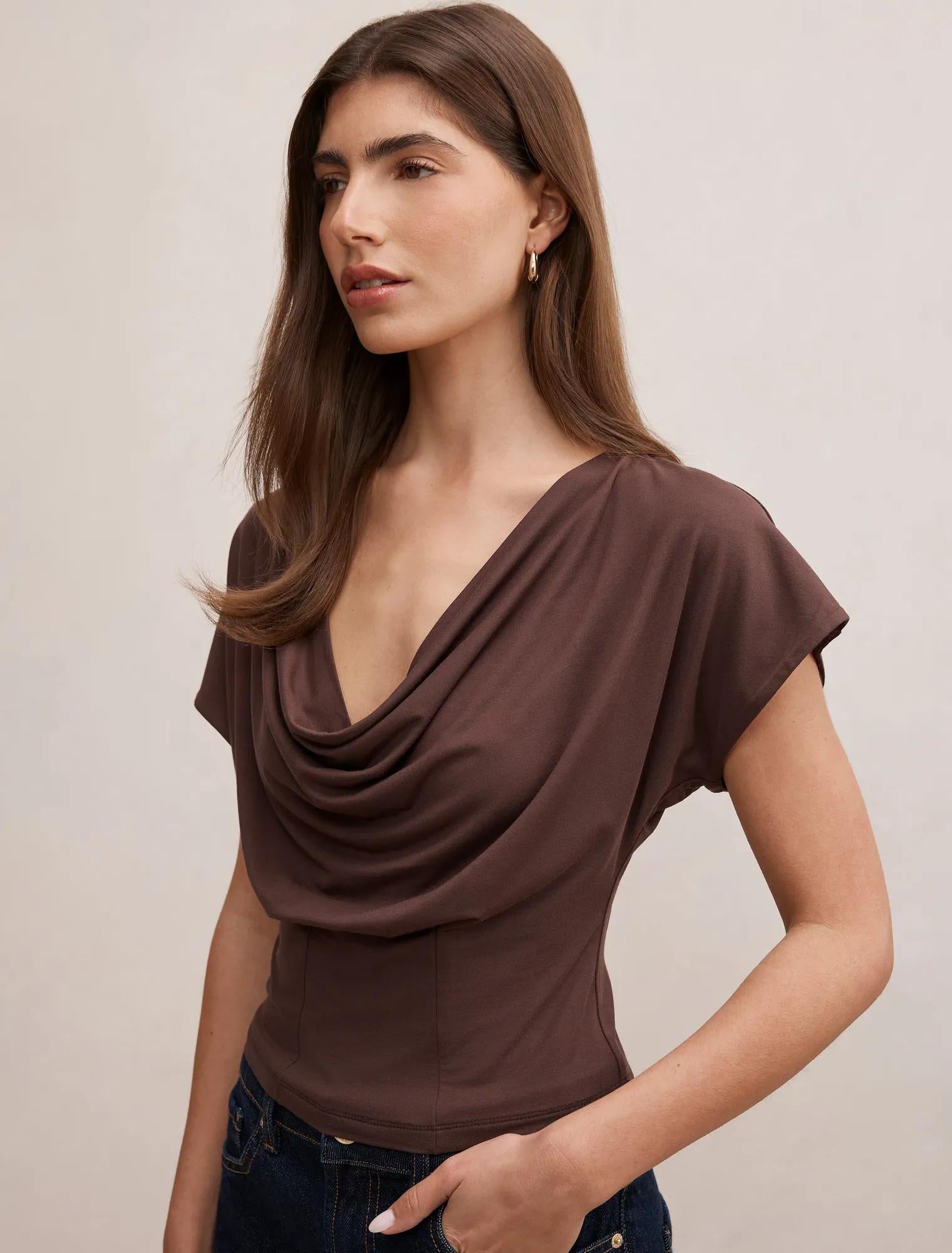 Phoebe Draped Cowl Top Bark