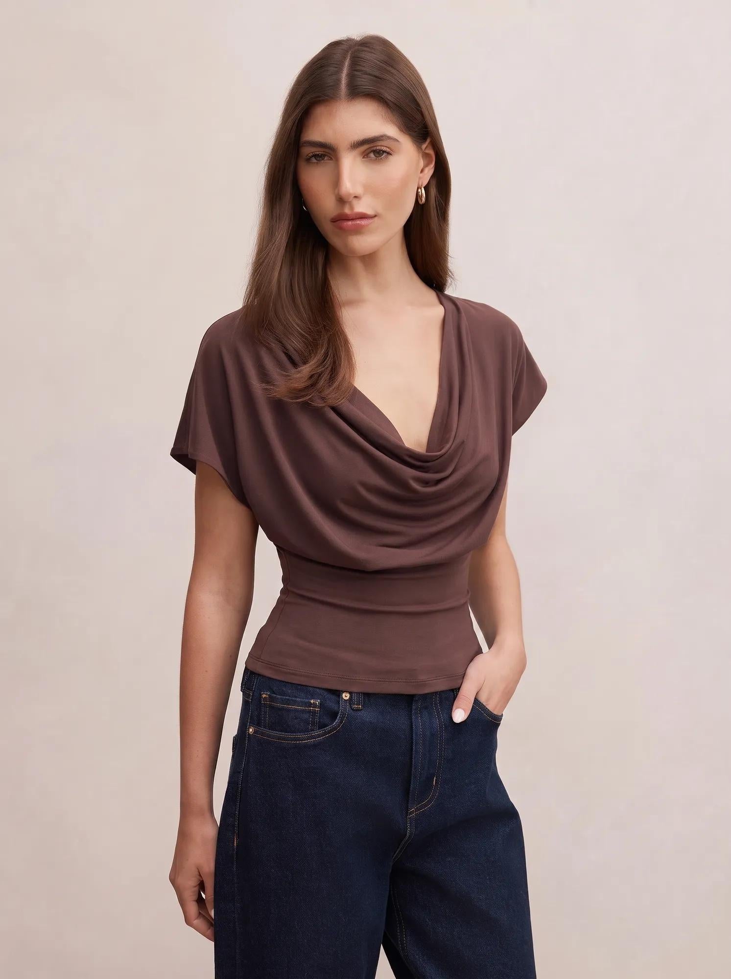 Phoebe Draped Cowl Top Bark