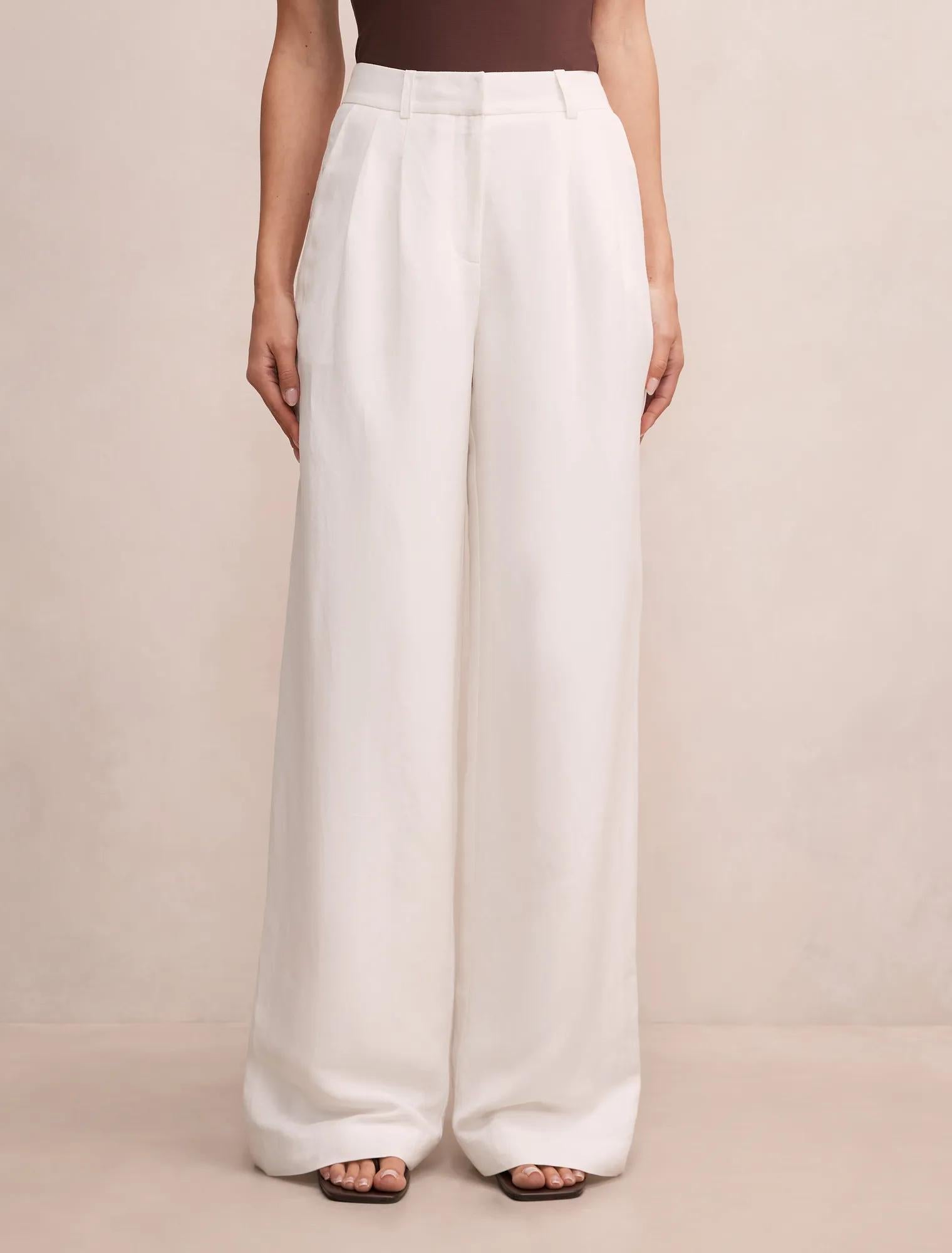 Eva Linen Blend Wide Leg Pants Porcelain