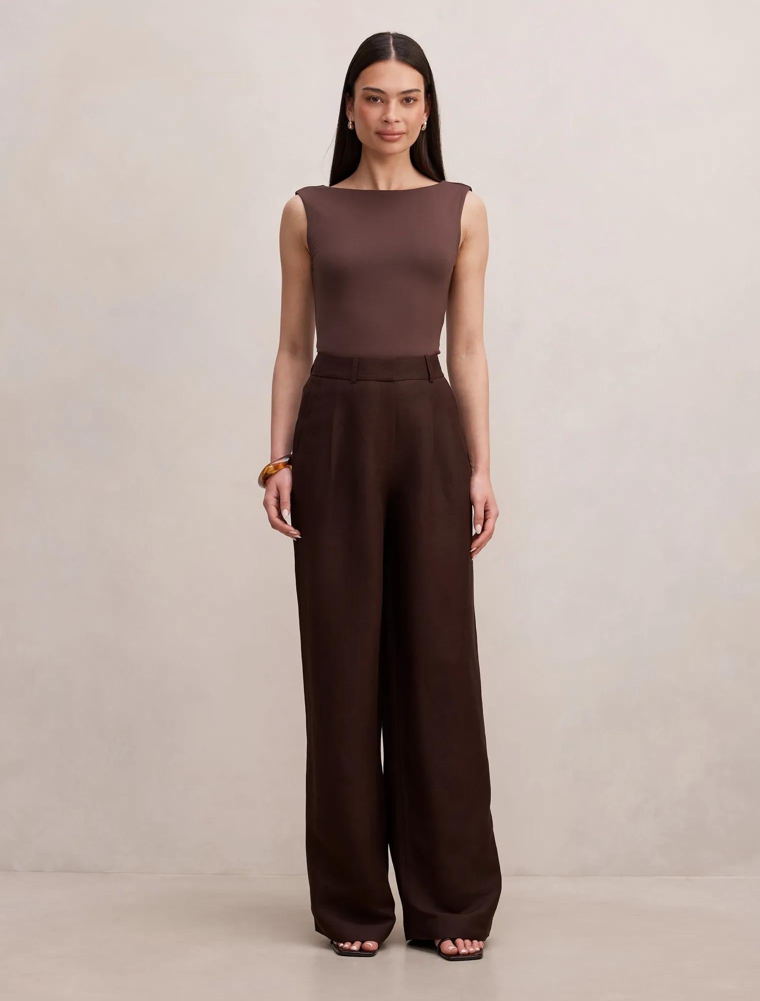 Eva Linen Wide Leg Pants Dark Chocolate