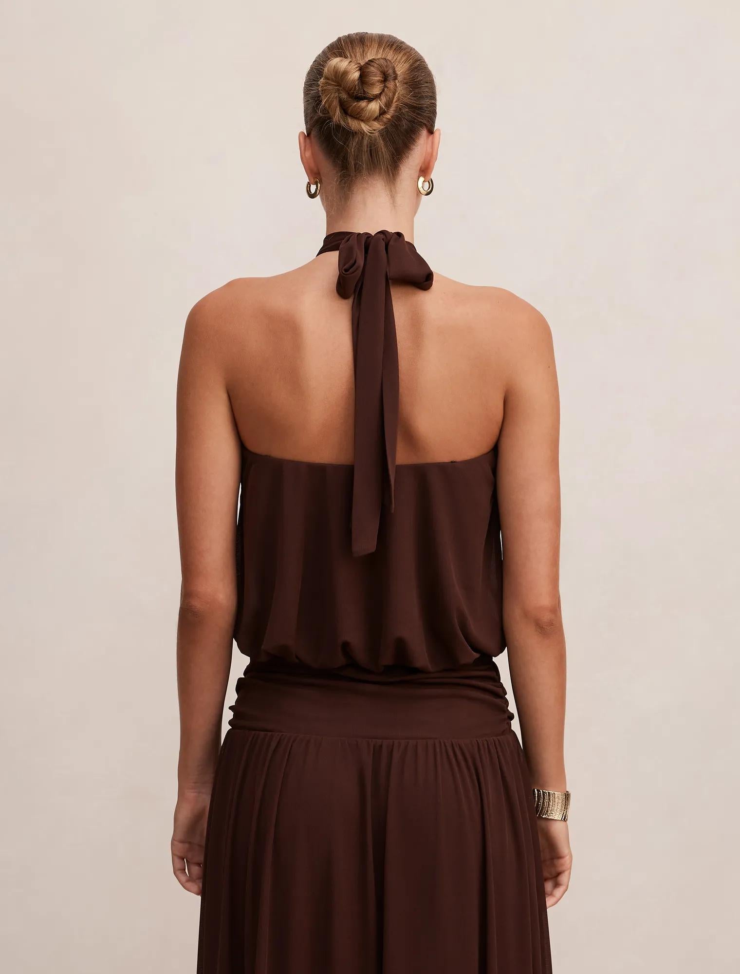 Layne Bubble Waist Halter Top Rich Chocolate co-ord