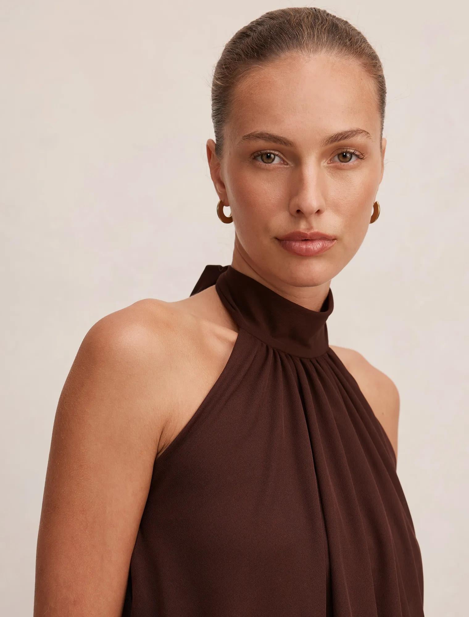 Layne Bubble Waist Halter Top Rich Chocolate co-ord