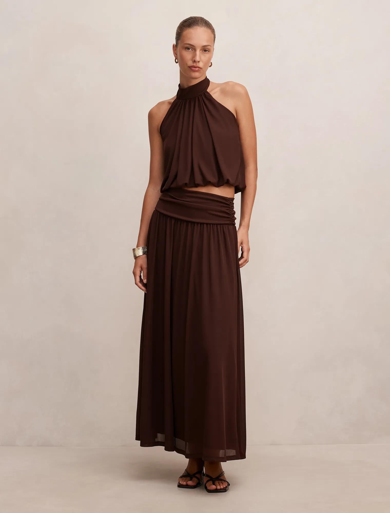 Layne Bubble Waist Halter Top Rich Chocolate co-ord