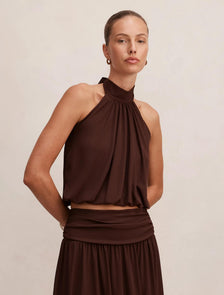 Layne Bubble Waist Halter Top Rich Chocolate co-ord