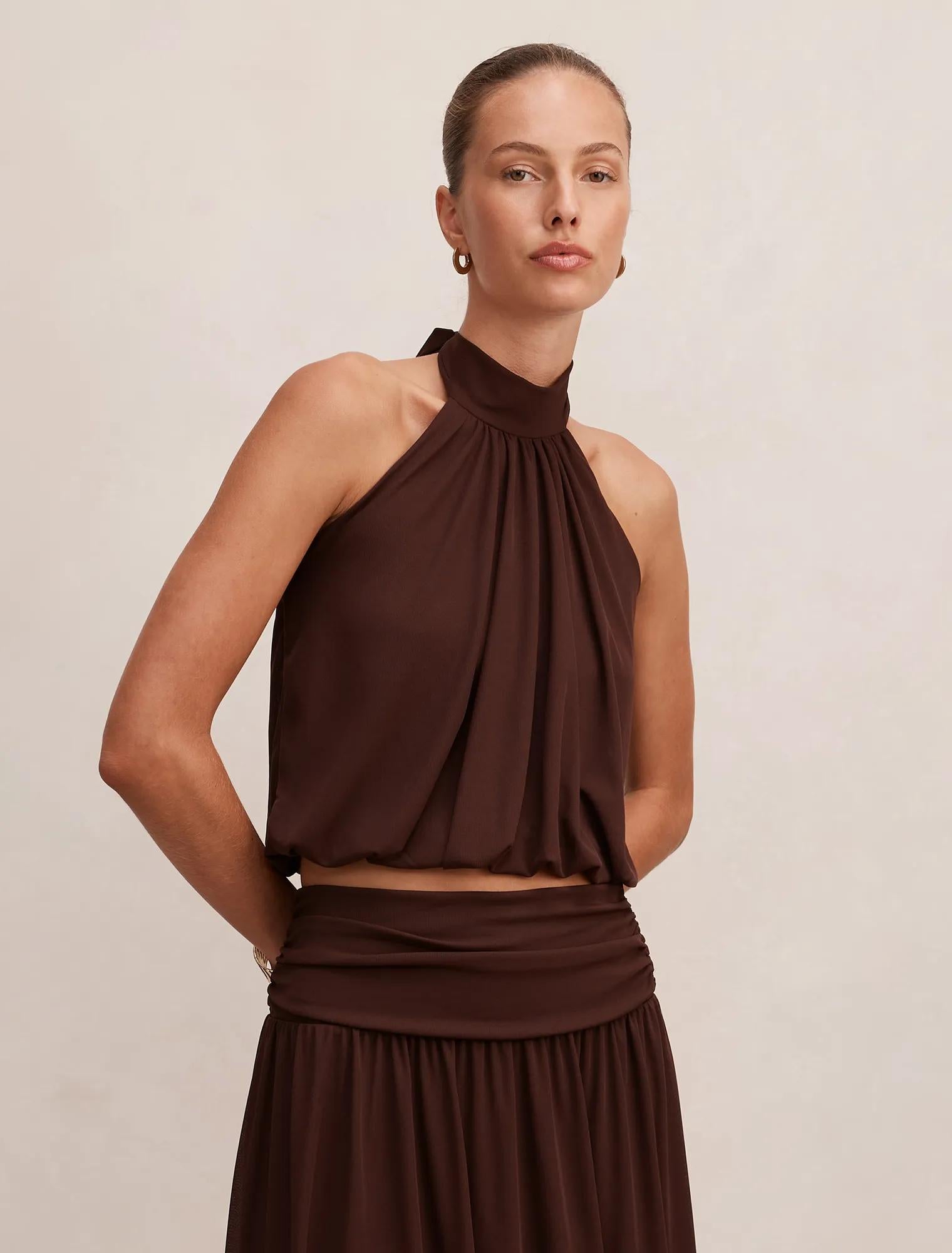 Layne Bubble Waist Halter Top Rich Chocolate co-ord