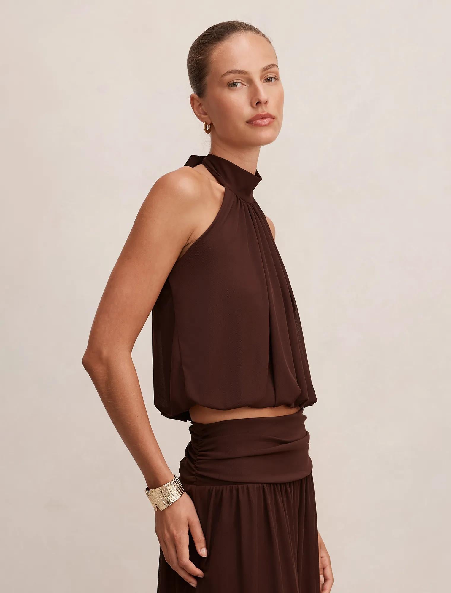 Layne Bubble Waist Halter Top Rich Chocolate co-ord