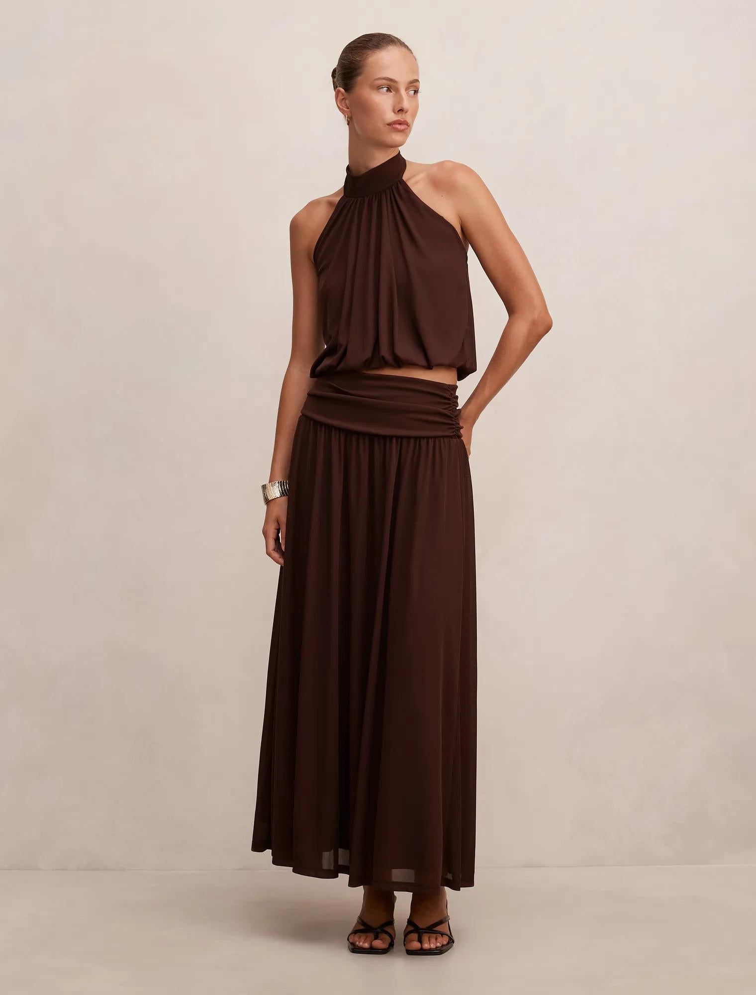 Layne Gathered Basque Maxi Skirt Rich Chocolate co-ord