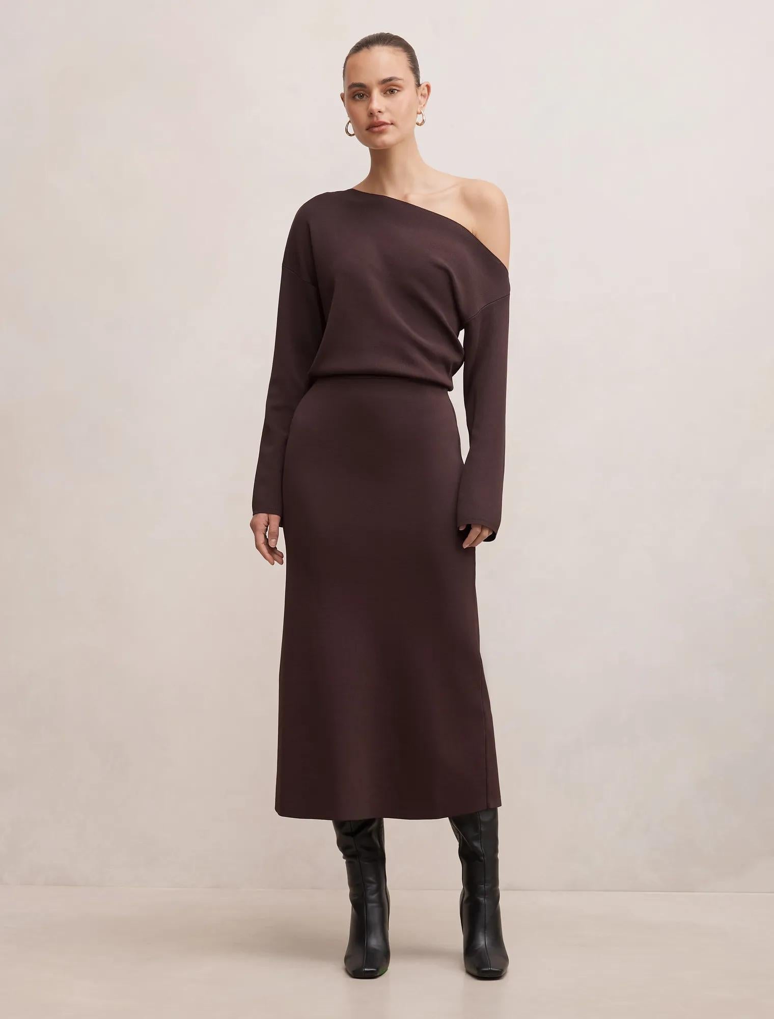 Ayva Knitted Midi Skirt Chocolate Co-ord