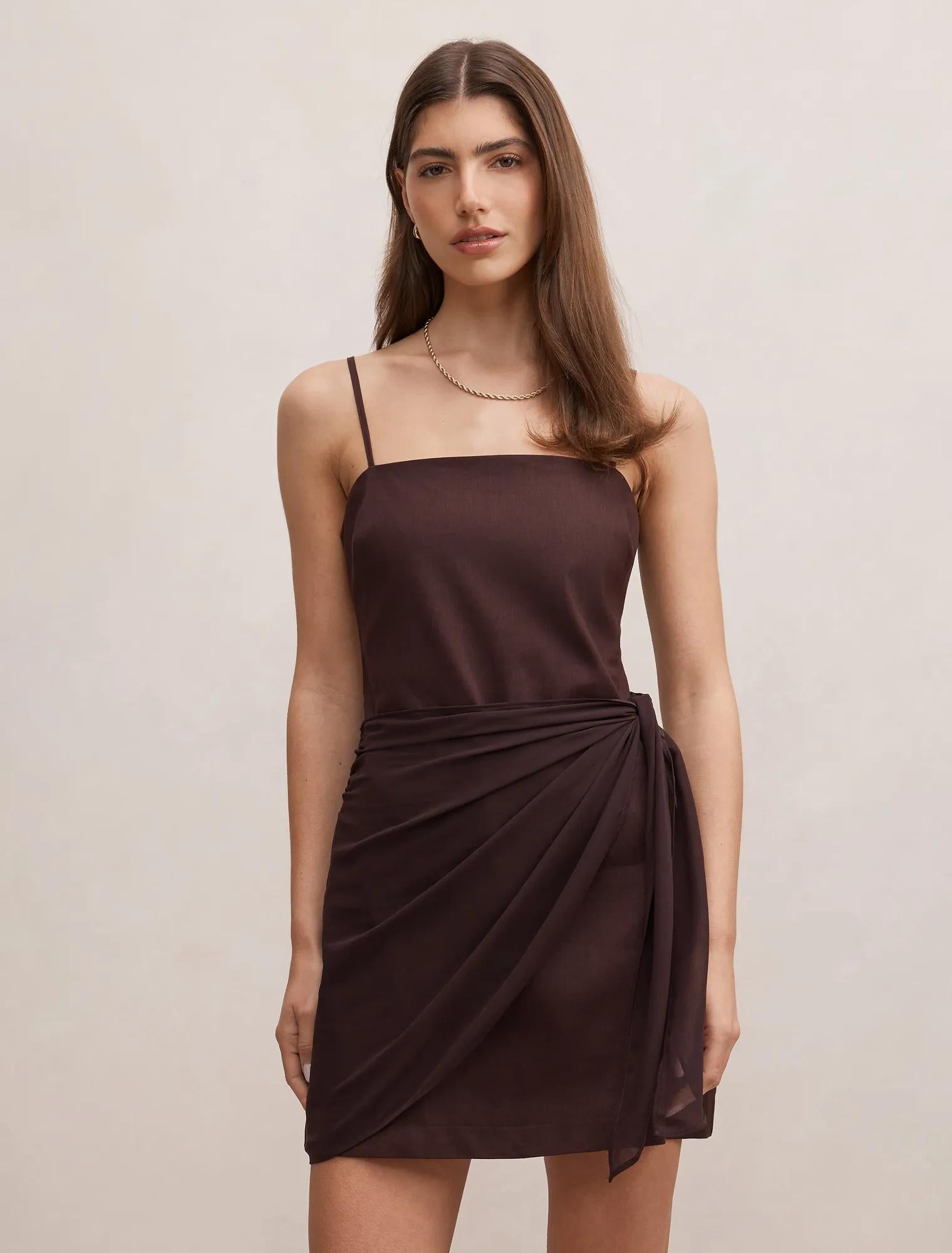 Sienna Linen Sarong Mini Dress Chocolate