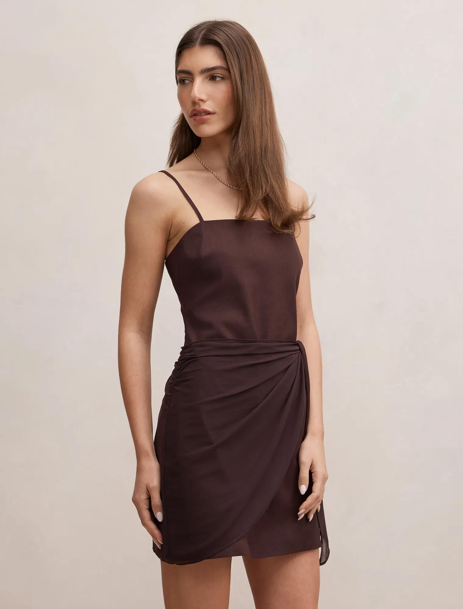 Sienna Linen Sarong Mini Dress Chocolate