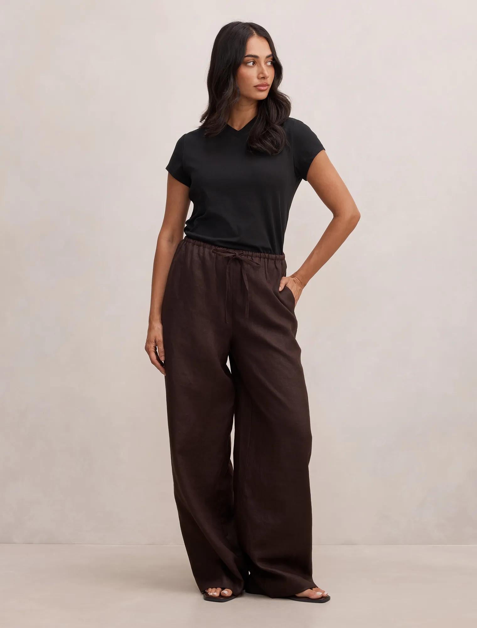 Lily Linen Drawstring Pants Dark Chocolate