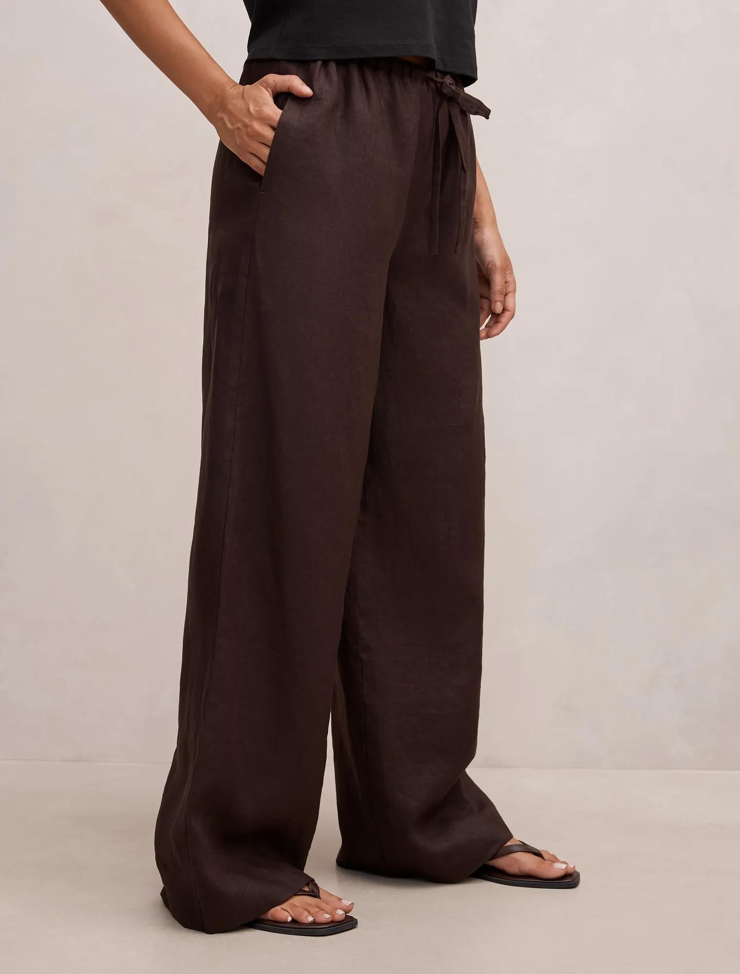 Lily Linen Drawstring Pants Dark Chocolate
