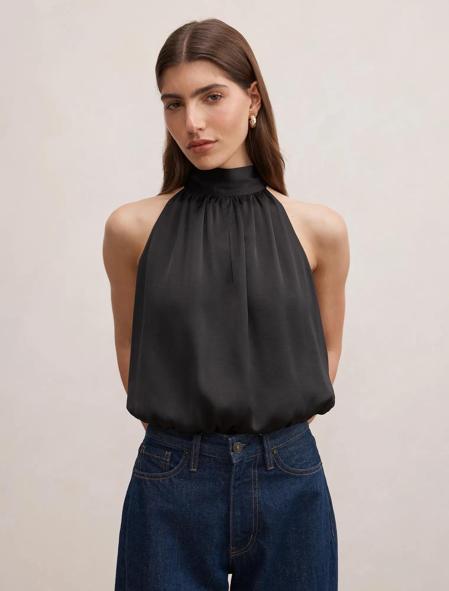 Scarlett Halter Bubble Hem Top Black
