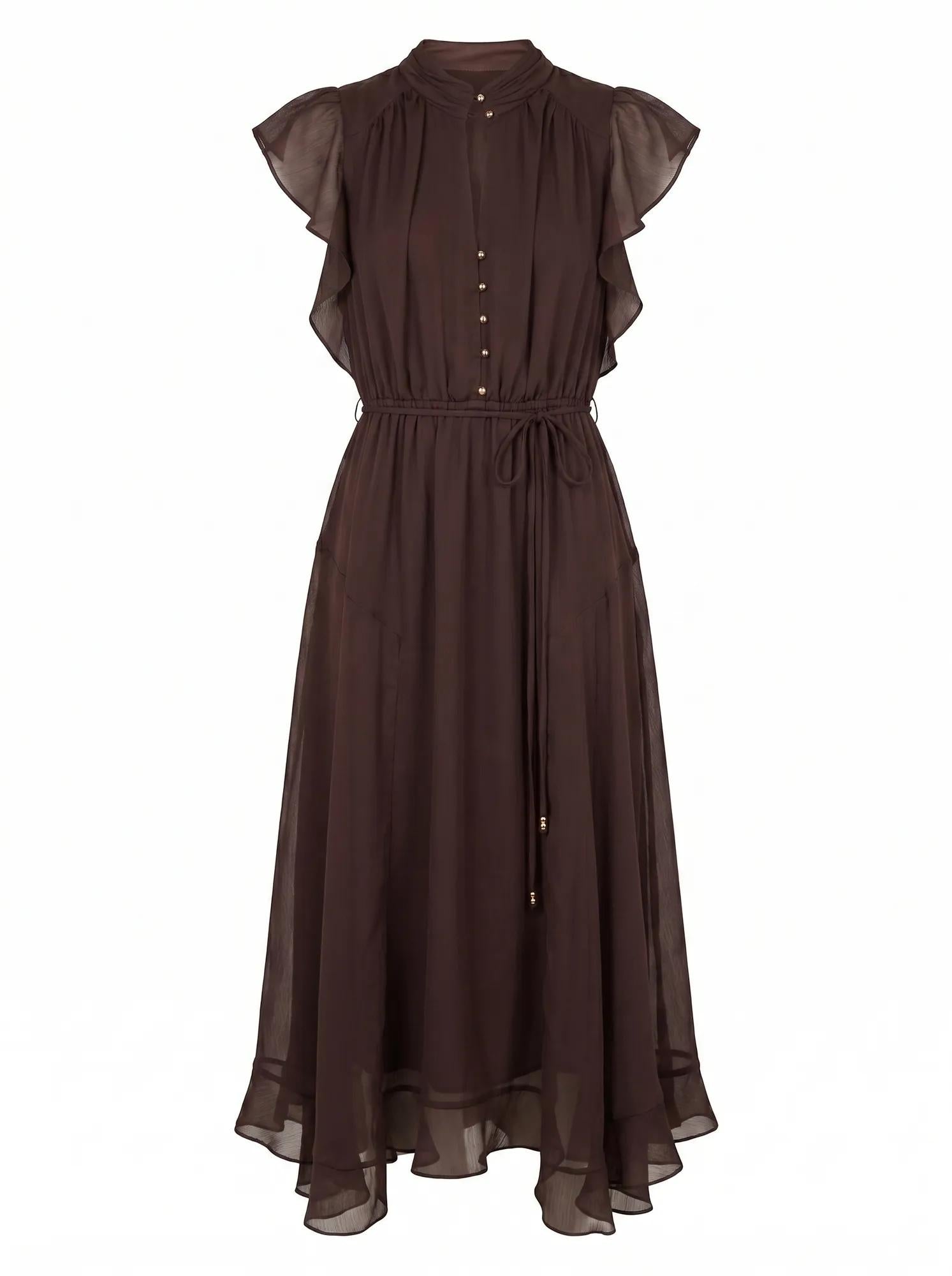 Maxwell Petite Flutter Sleeve Midi Chocolate_mannequin