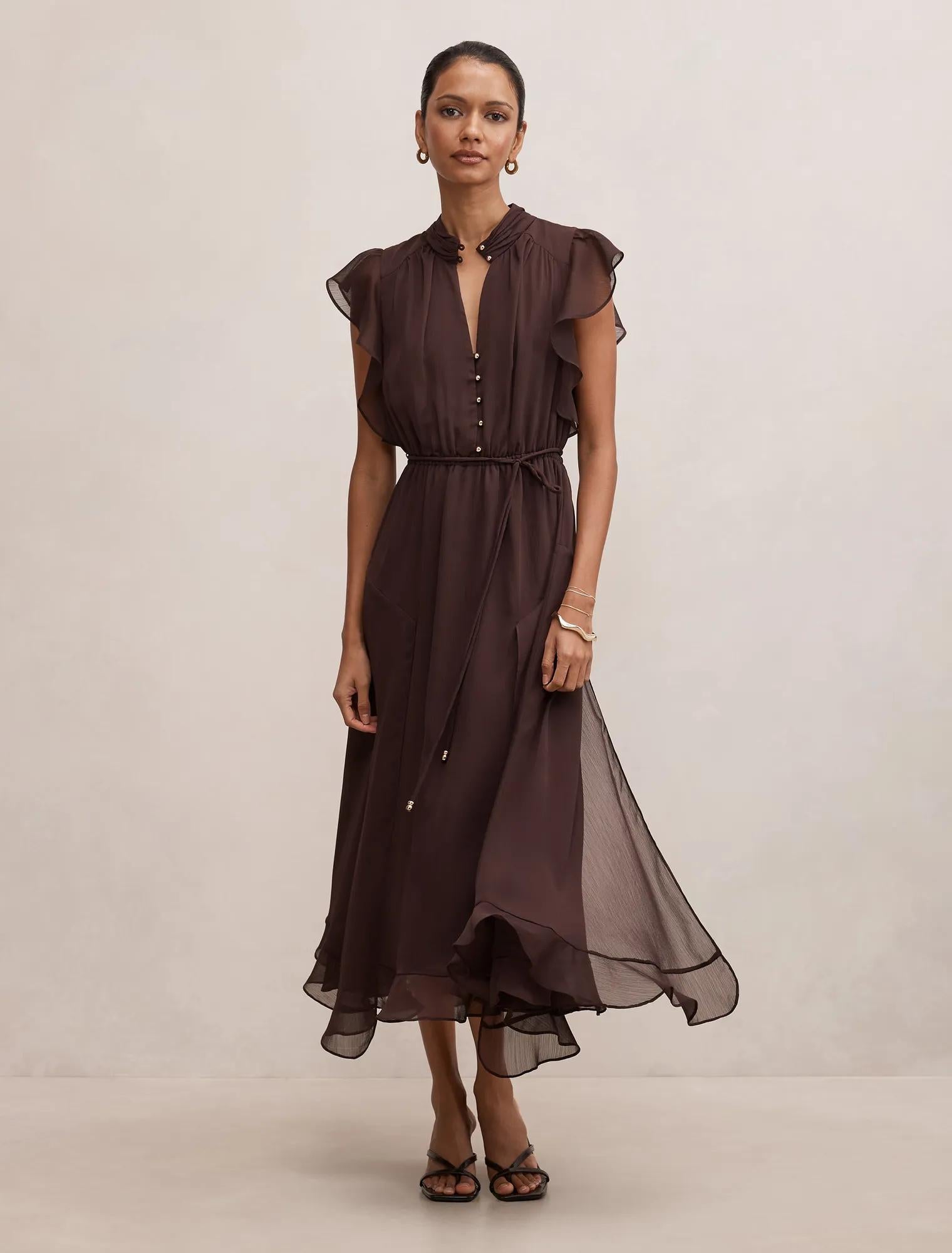 Maxwell Petite Flutter Sleeve Midi Chocolate