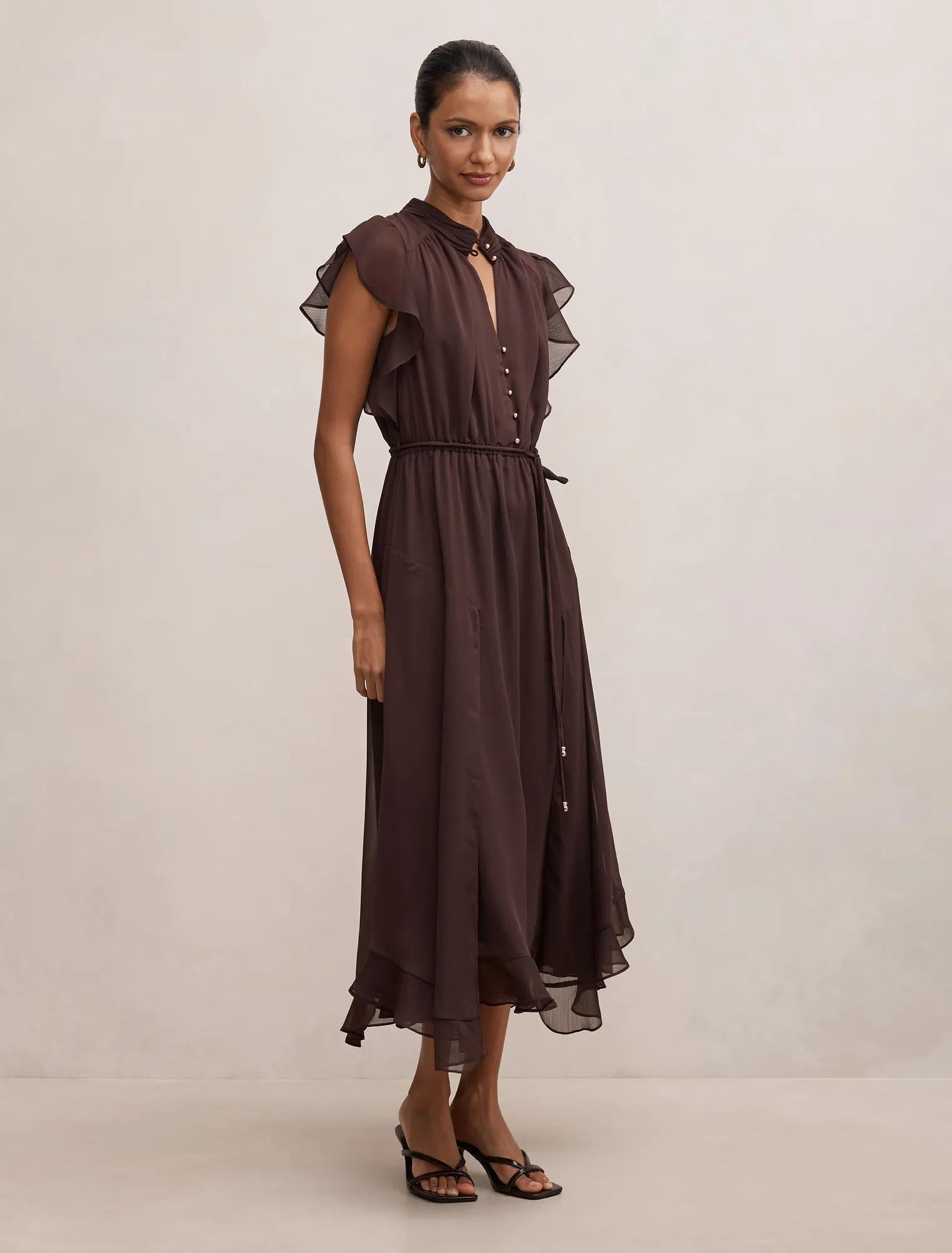 Maxwell Petite Flutter Sleeve Midi Chocolate