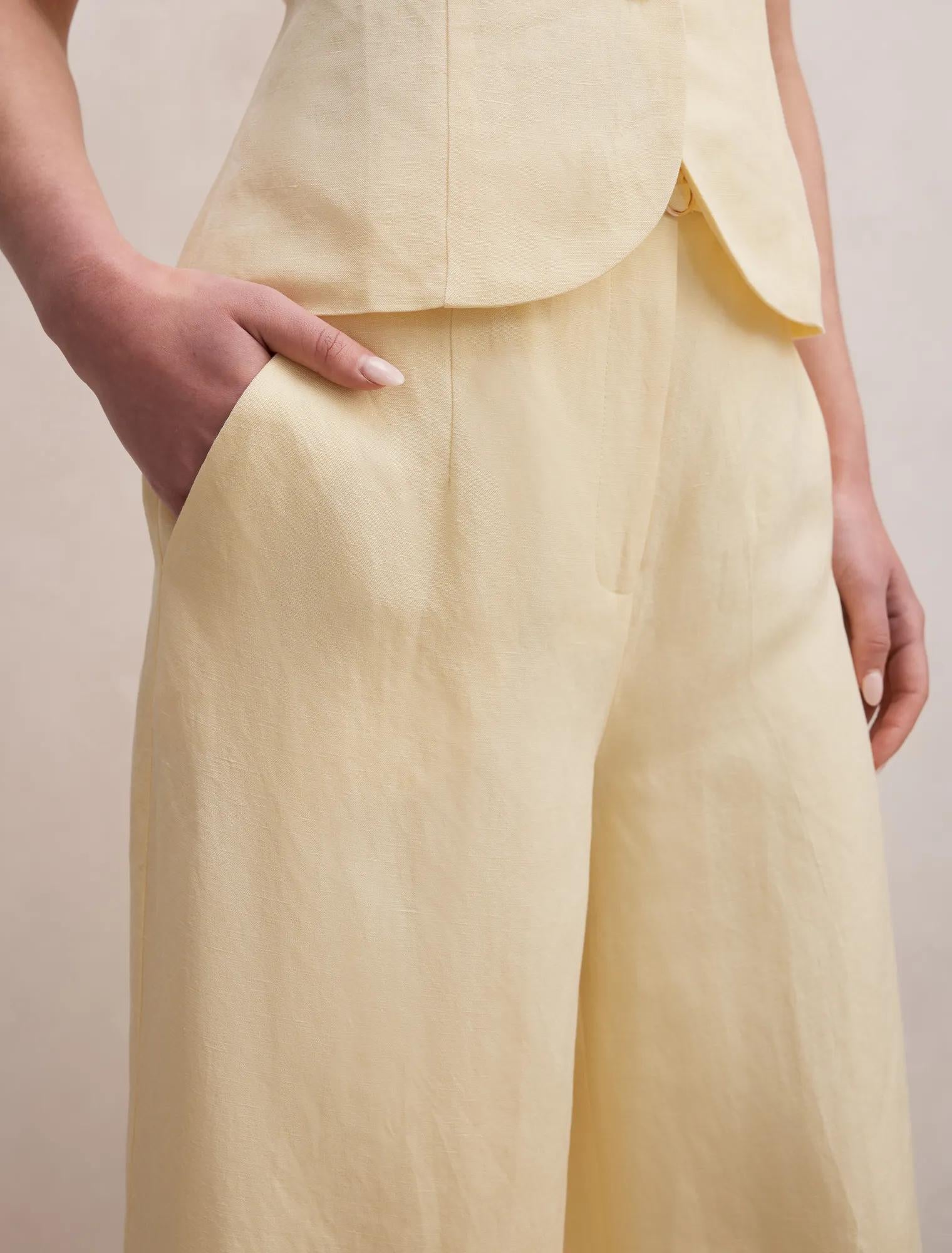 Matilda Linen Blend Wide Leg Pants Butter Yellow Set