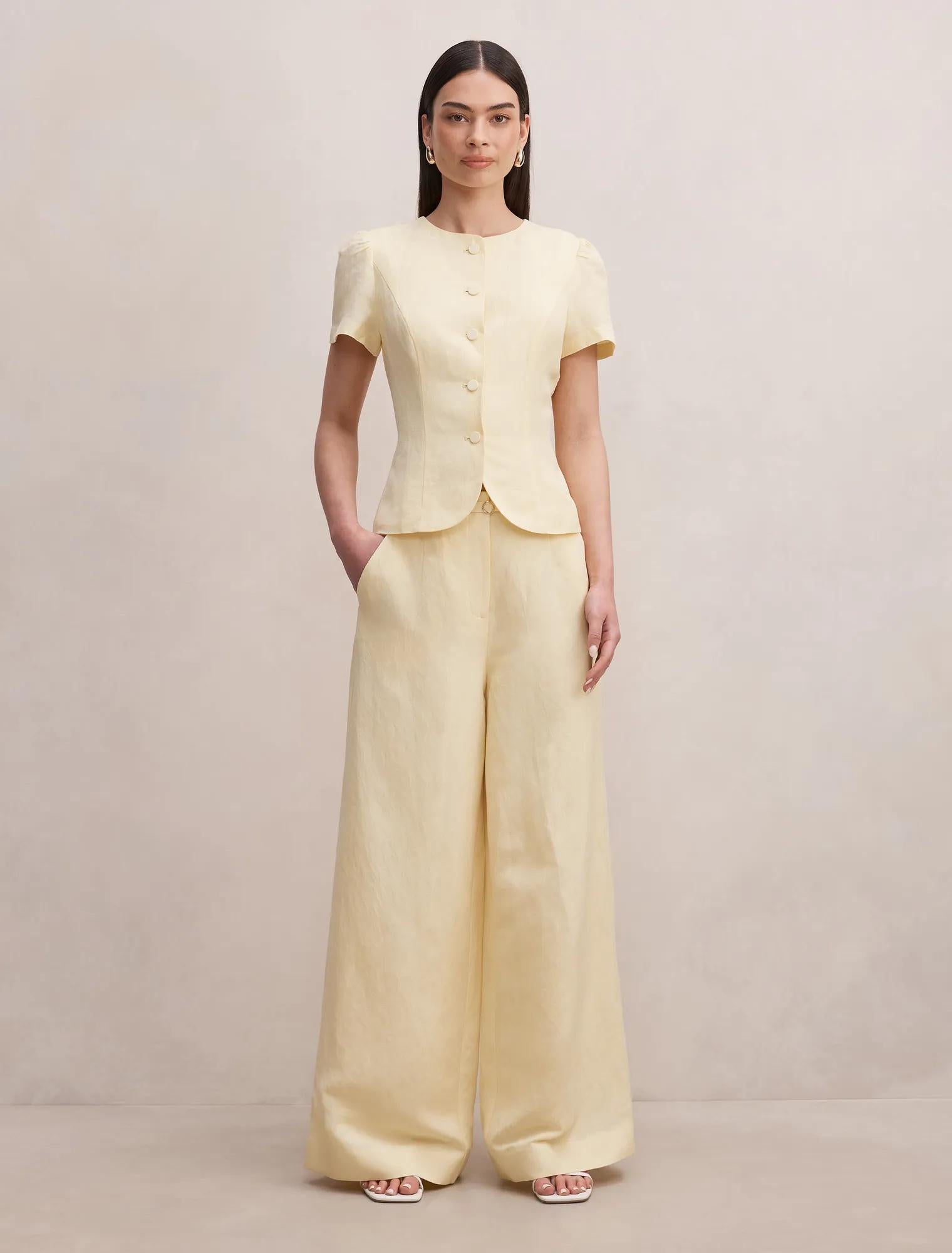 Matilda Linen Blend Wide Leg Pants Butter Yellow Set