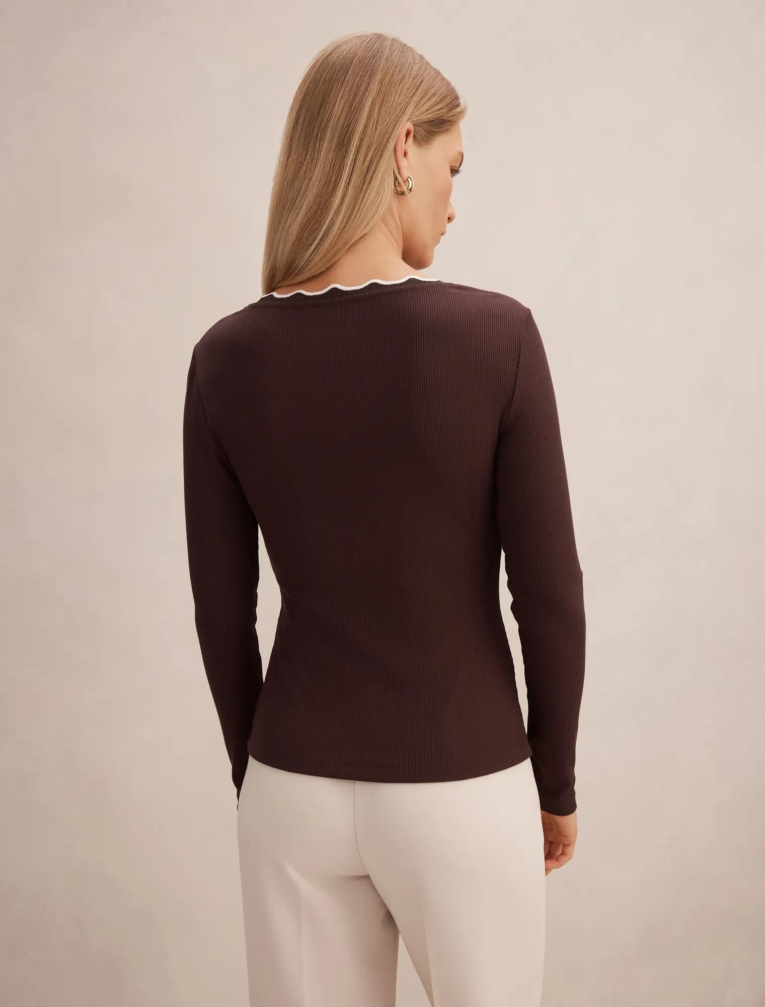 Rebecca Scallop Long Sleeve Top Chocolate/ Porcelain